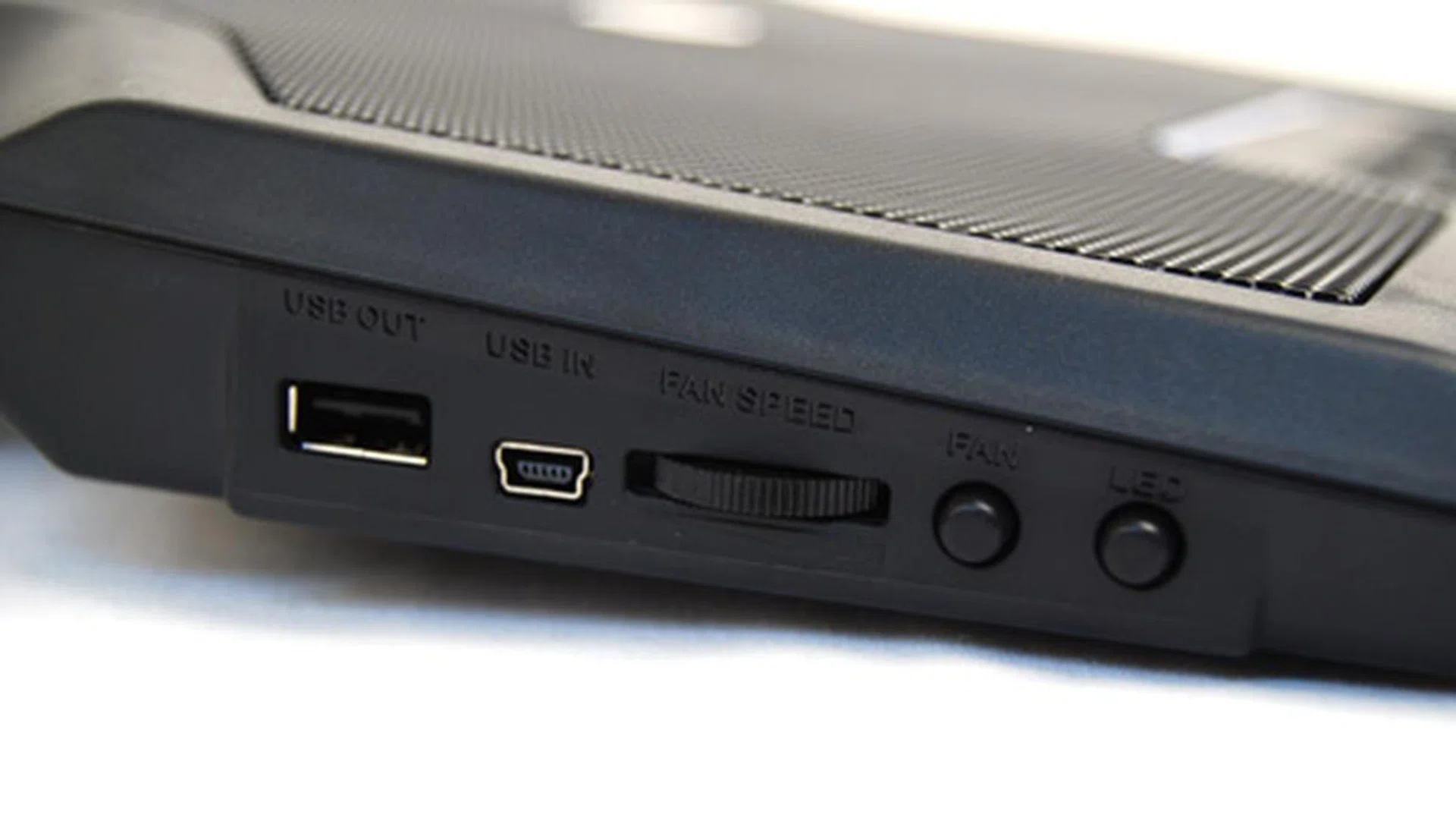 A control panel on the left side has options for fan and LED on/off as well as fan speed control.