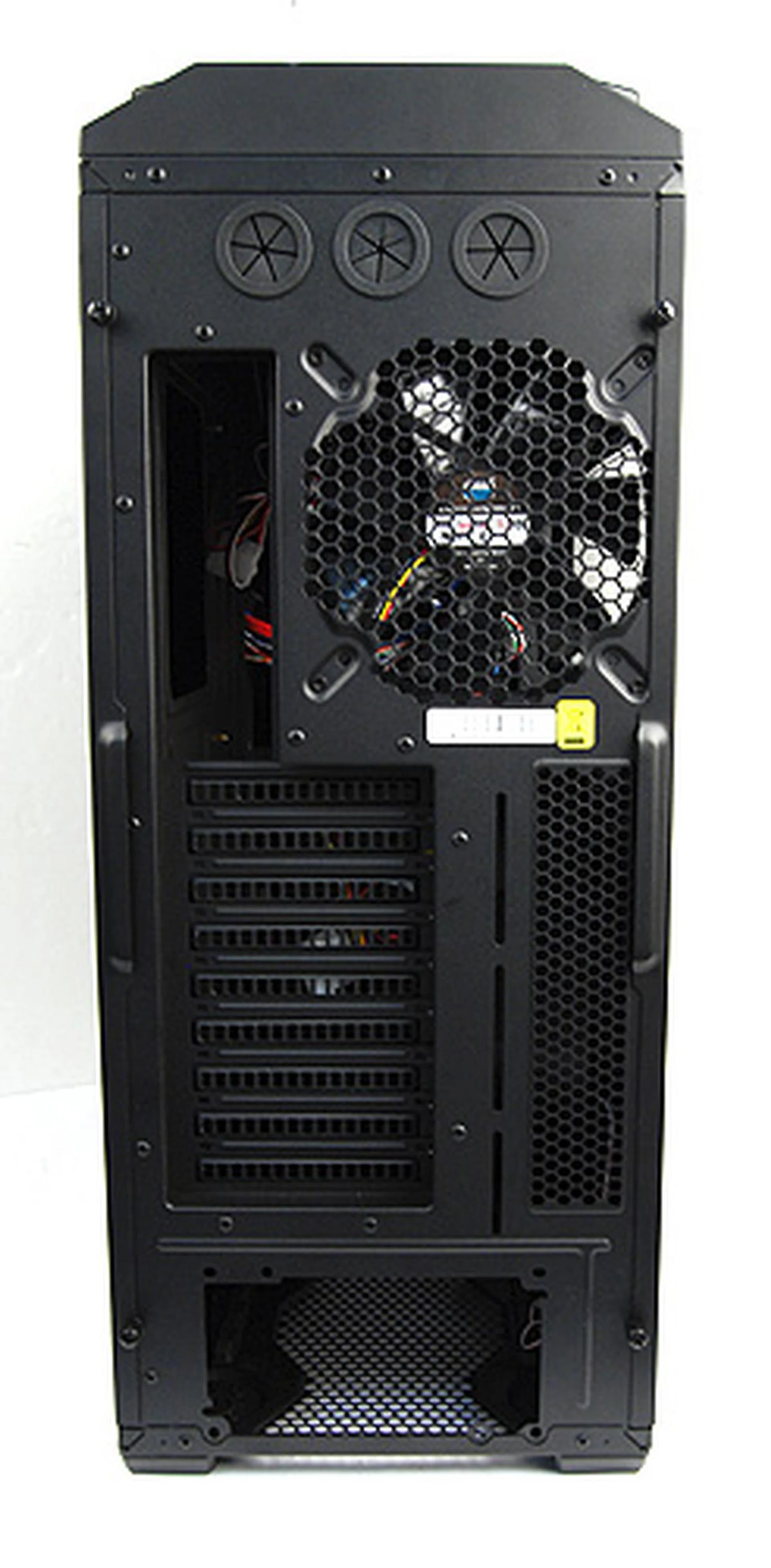 This is the rear panel of the casing. It has everything you'd expect from an enthusiast casing. However, note the three liquid cooling grommets and the nine expansion slots.