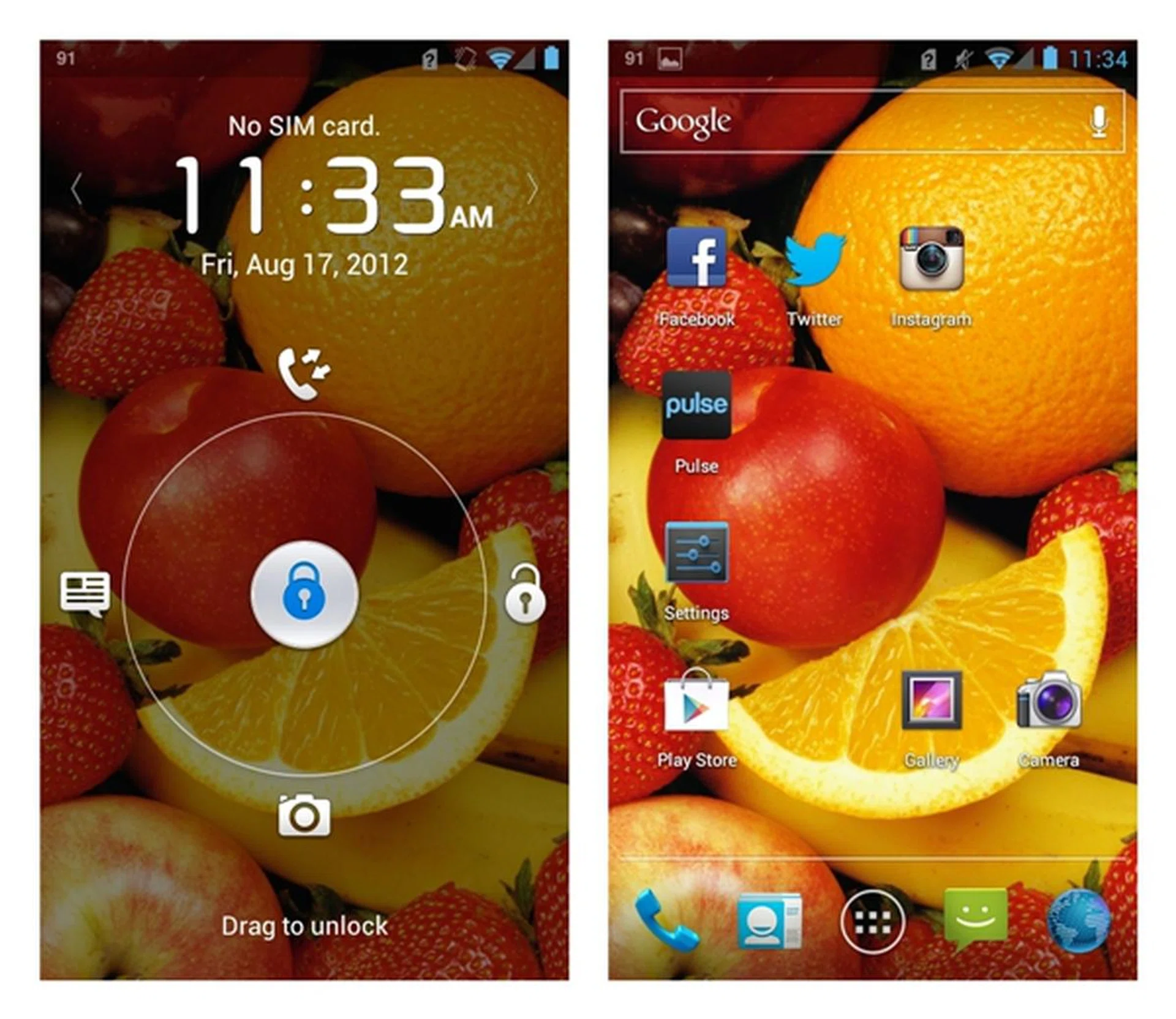 Left: The unlock screen allows you to swipe to any of the four shortcuts. You can customize which shortcut to show via Settings > Security > Shortcut Settings. <br> Right: The main home screen looks no different from that of the Samsung Galaxy Nexus and ASUS PadFone.