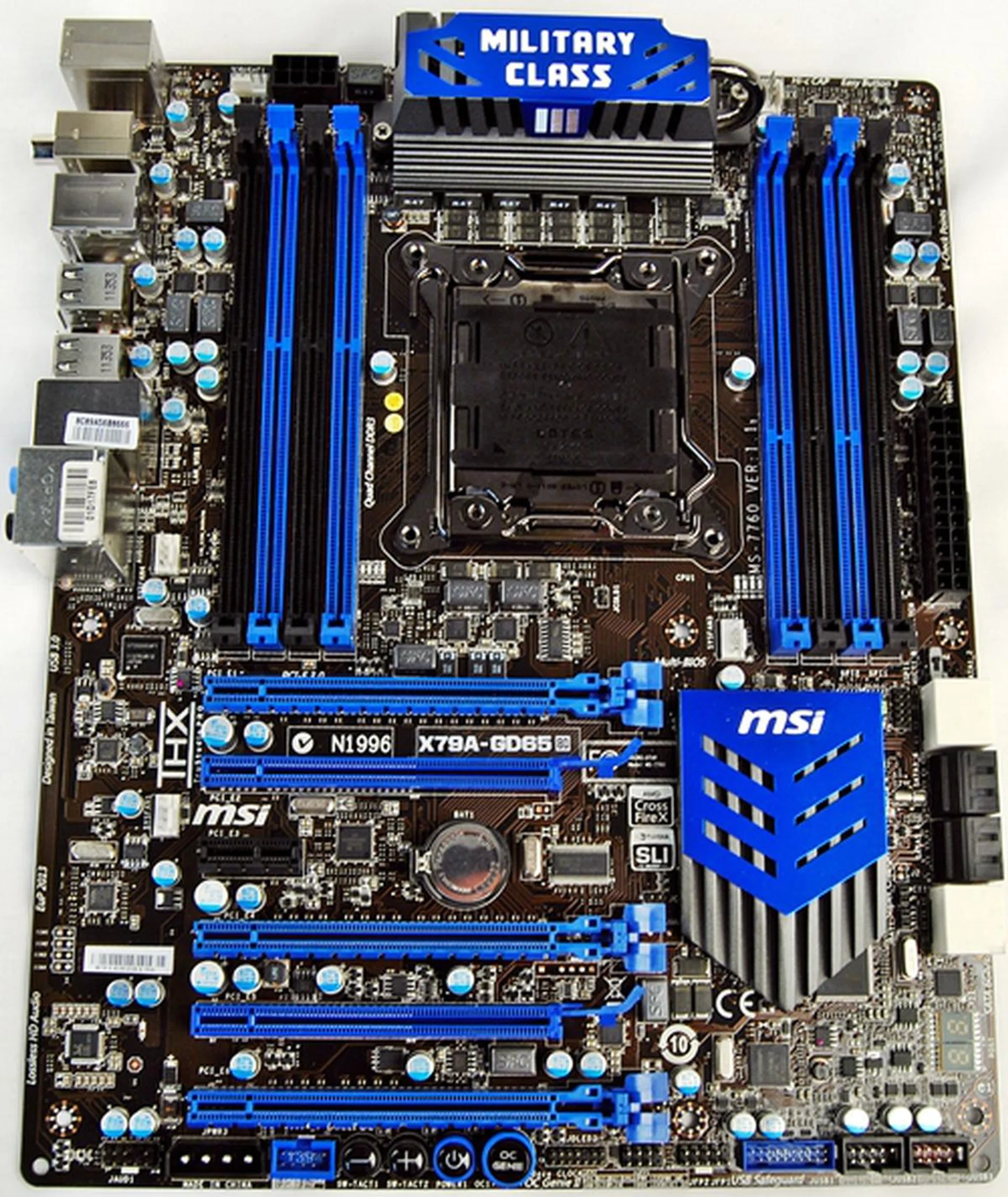 The ATX form factor board has a pleasant color scheme of black and blue with a sleek mechanical feel of a Transformer robot, ready to spring to action when powered up. It also wears its Military Class III components like a proud war veteran.