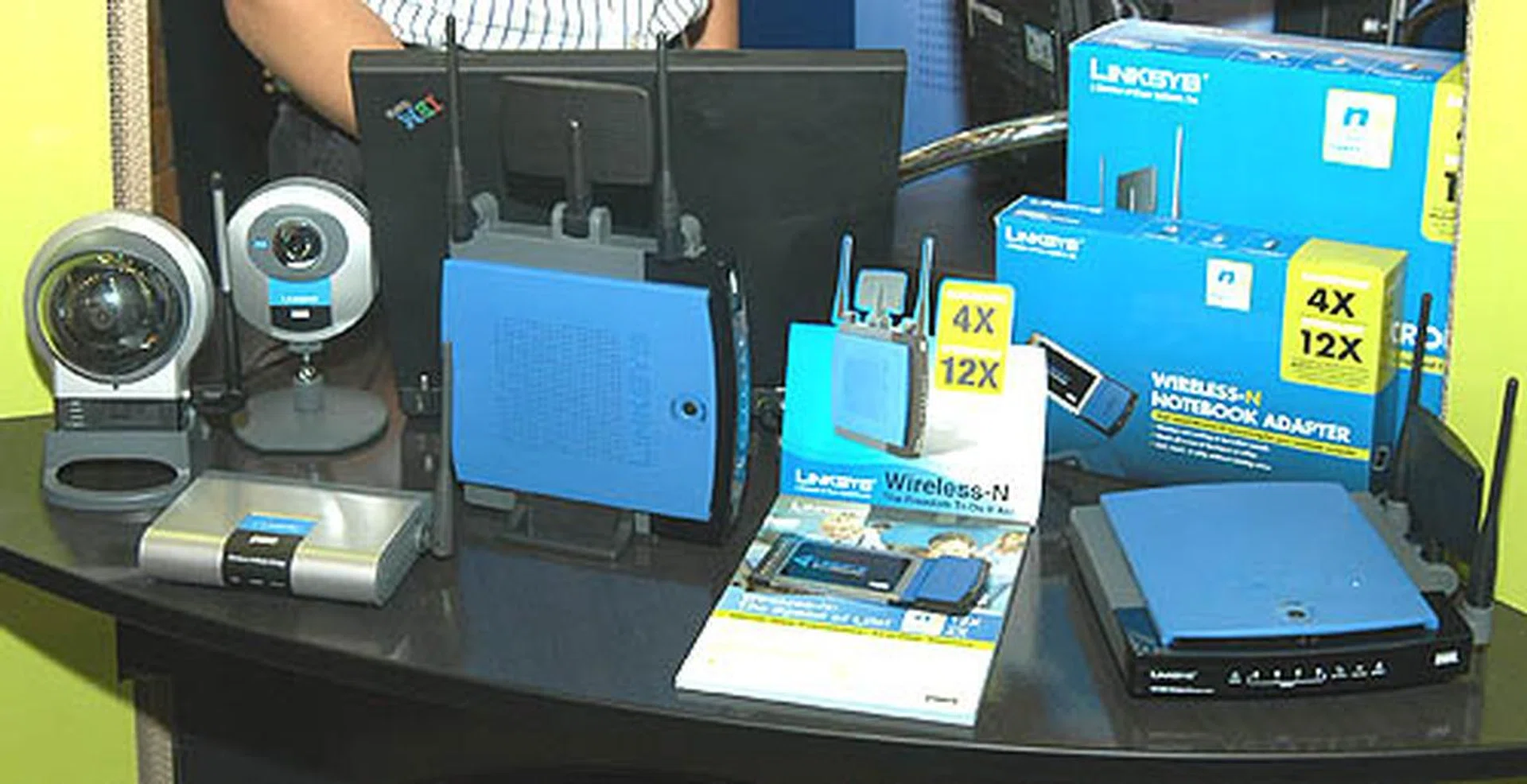 A mix of new Linksys products with the WRT300N as the main attraction showing off its Wireless-N capability.