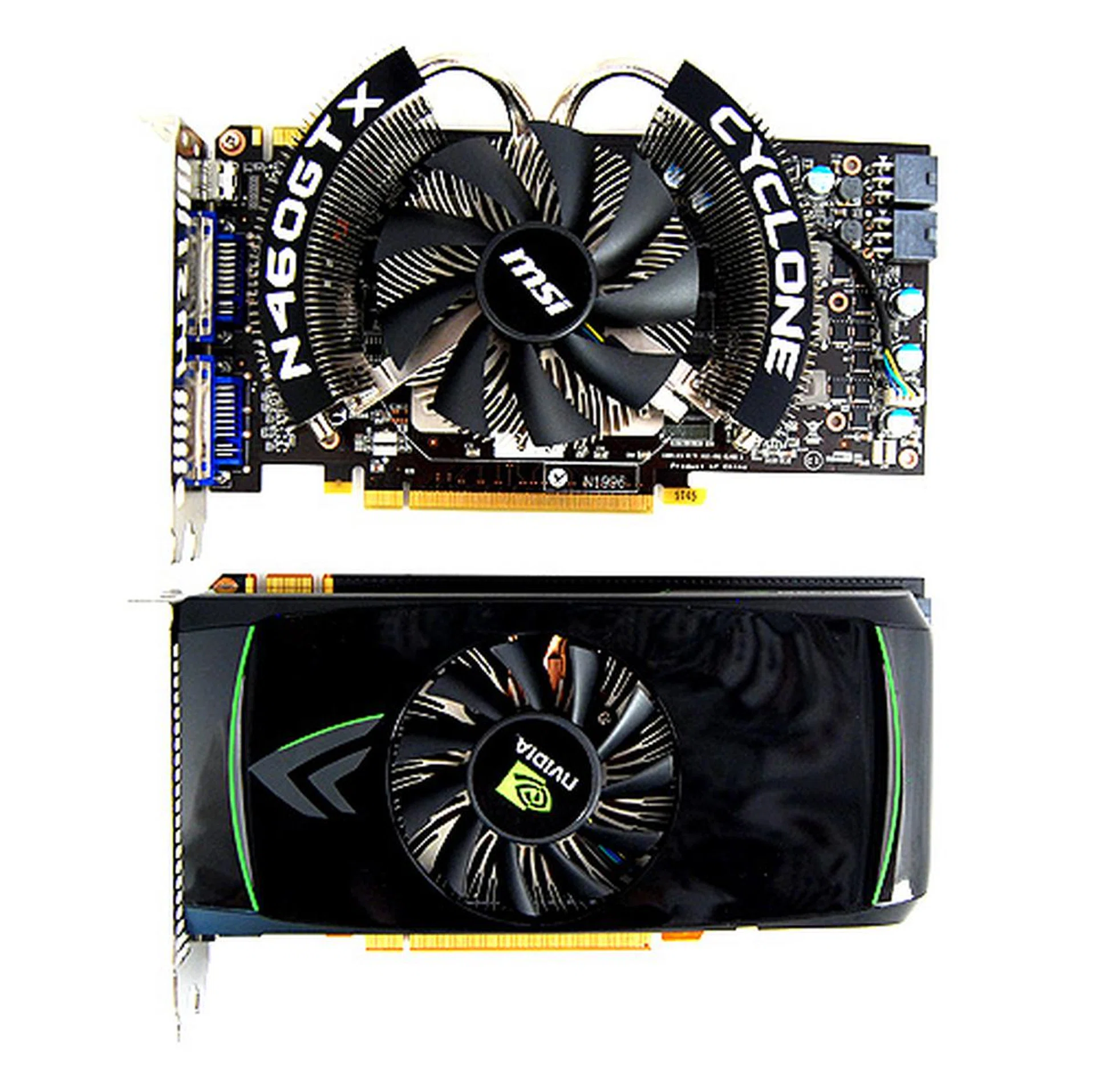 The MSI N460GTX Cyclone above and NVIDIA's reference GeForce GTX 460 below.