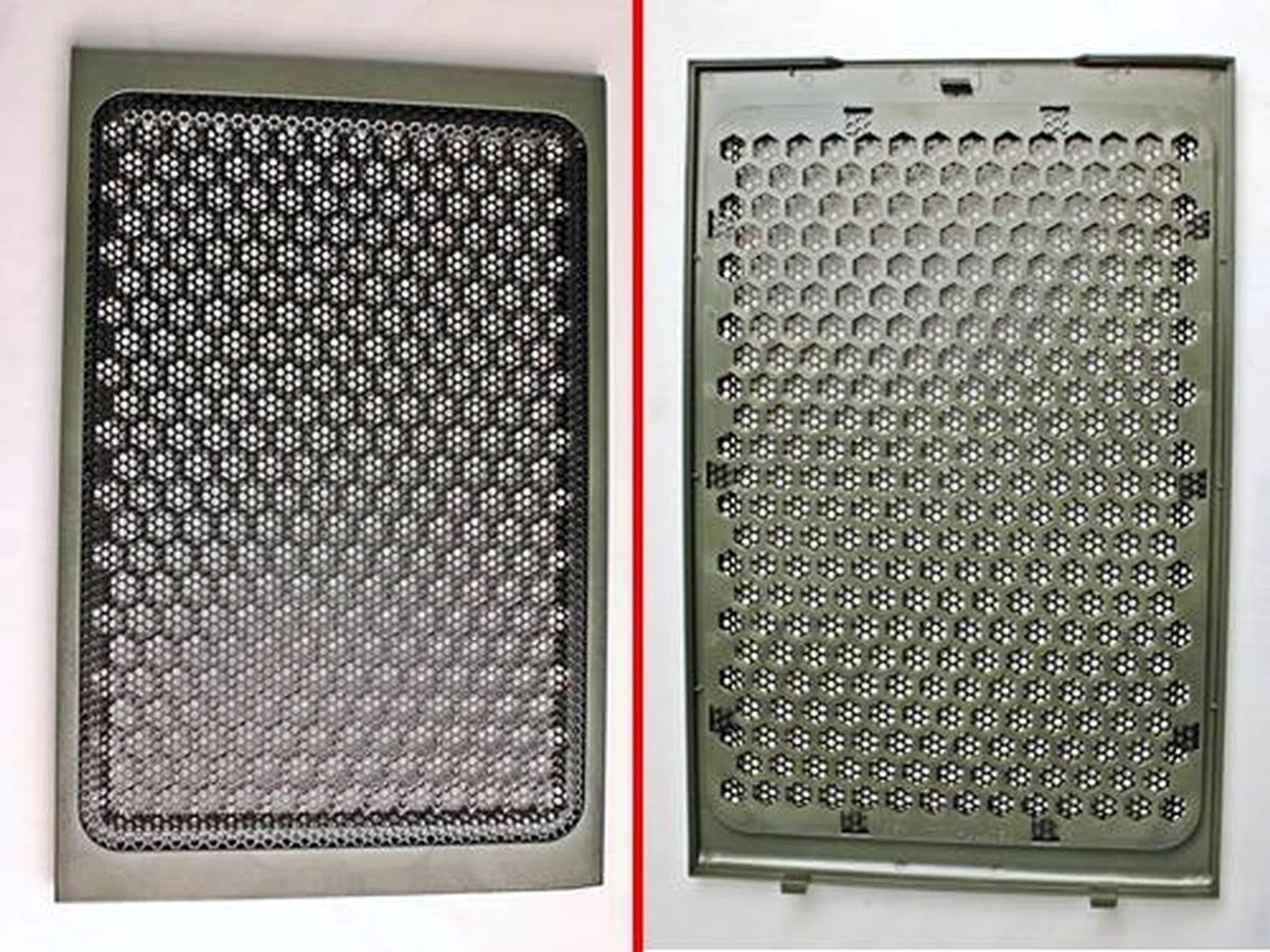 The removable wire mesh cover of the top 230mm cooling fan. The wire mesh is held in place by ten wire tabs that can be pried straight so that the wire mesh can be thoroughly cleaned and even replaced.