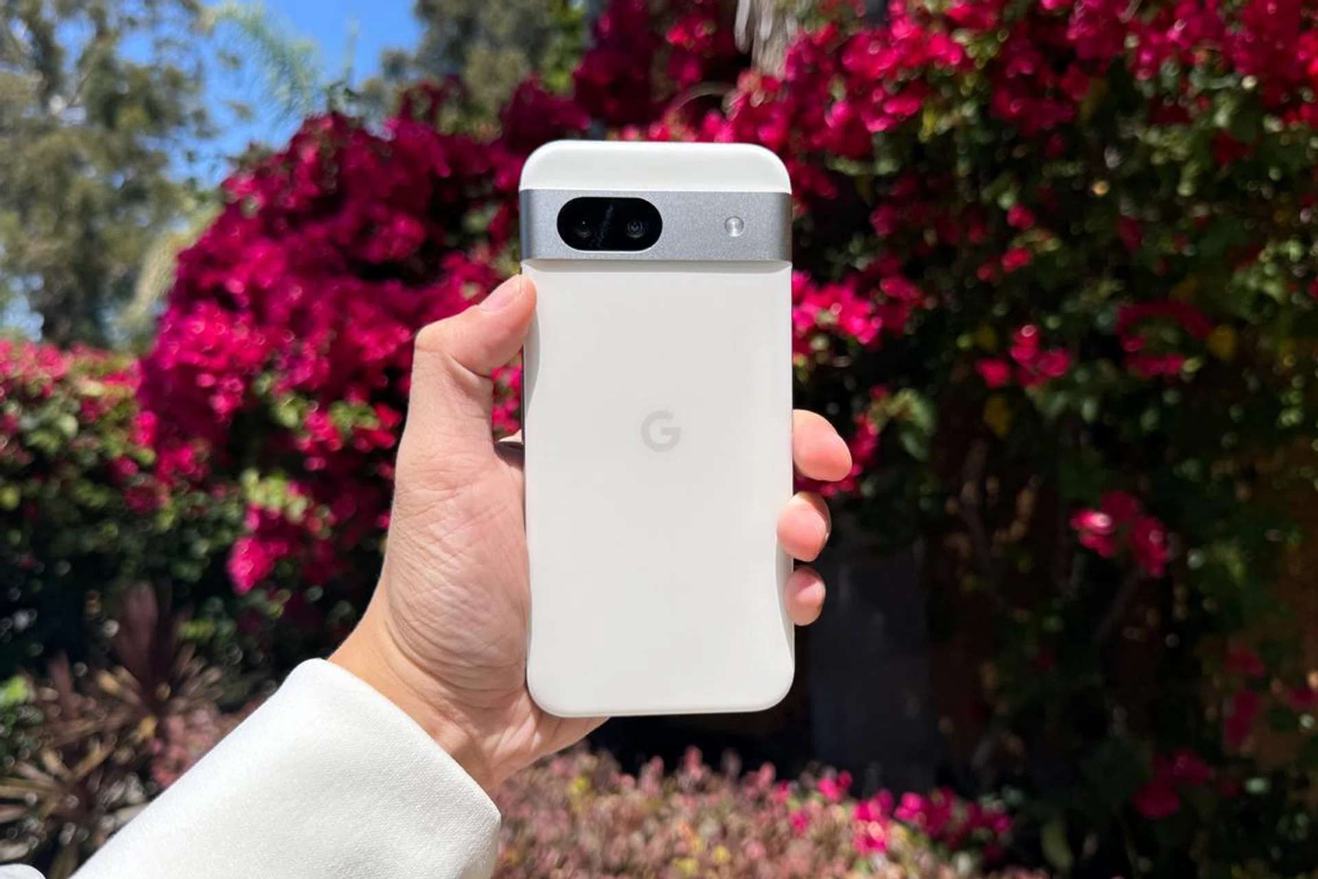 Google Pixel 8a in Porcelain colourway.