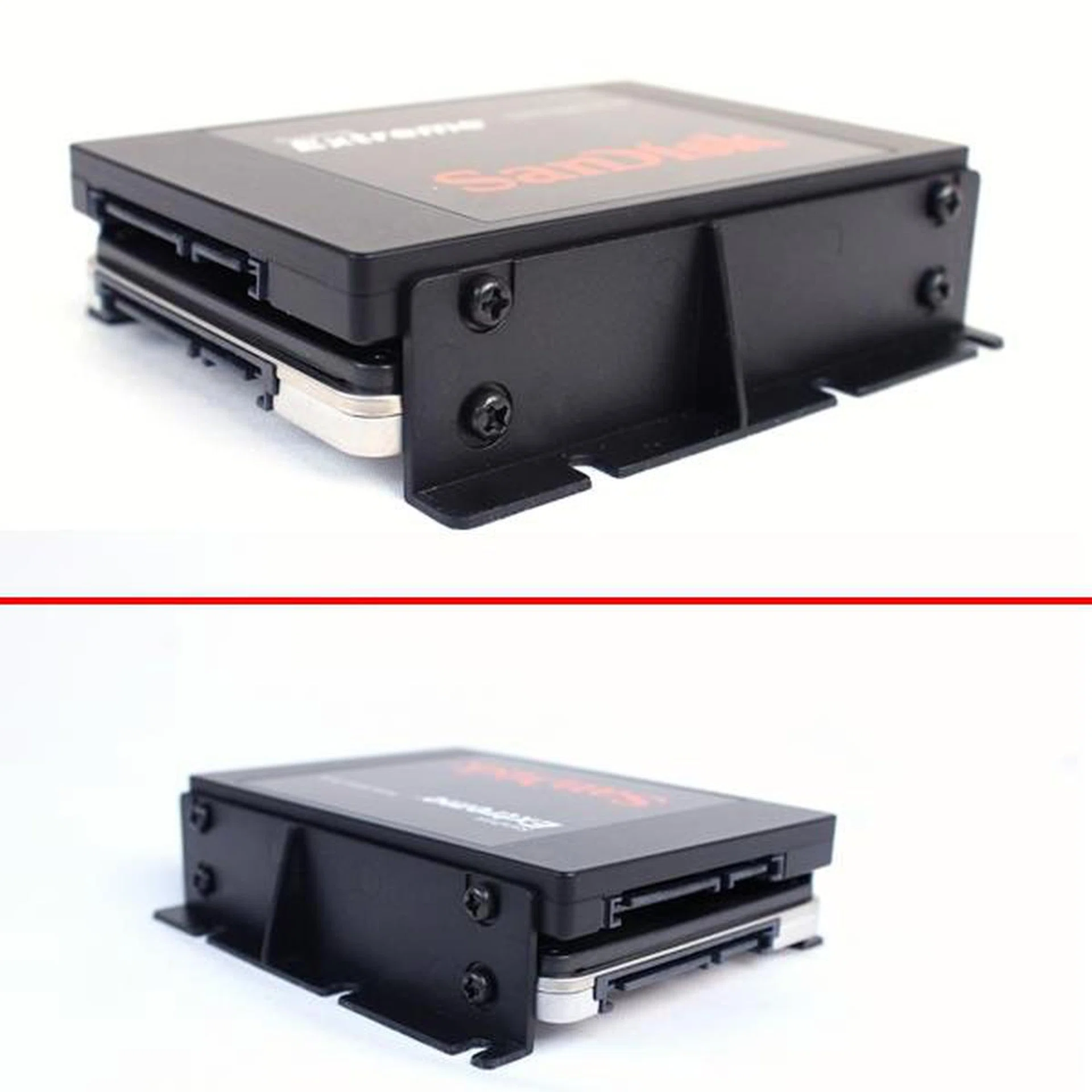 We had to stack the 2.5-inch drives, one on top of the other, before securing the brackets on both sides.