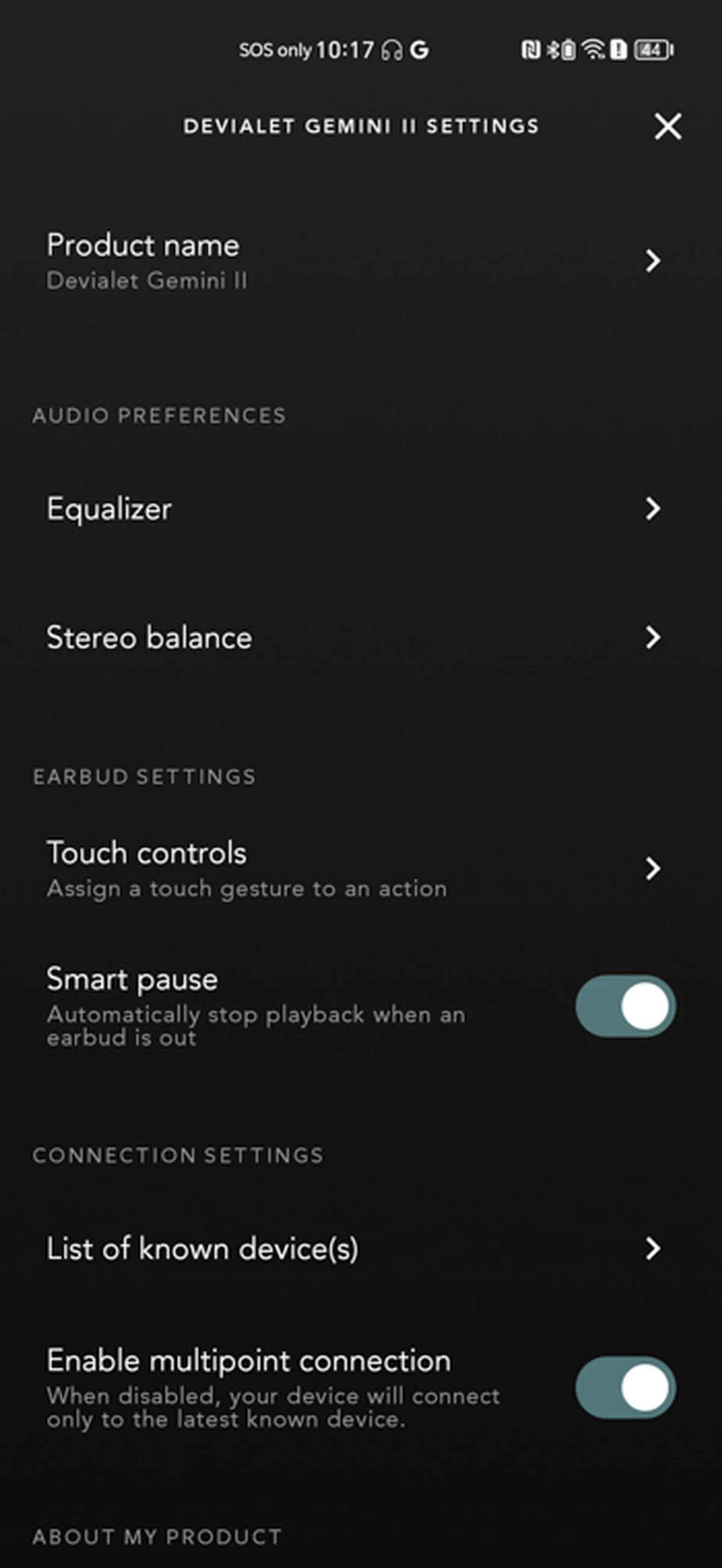 Settings page in Devialet Gemini app.