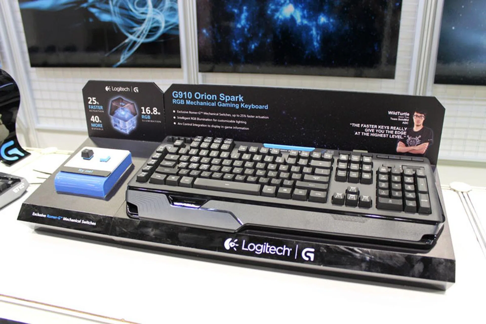 The Orion Spark was one of the better mechanical keyboard's we've tried in recent times. The custom Romer G keys, the customizable colors and the Arx Dock makes it one of the best choices for a gaming keyboard. It's still at the normal price at the IT show but you do get a freebie in the form of the UE200 in-ear headphones (U.P.$39) to make buying it a much better deal. The Orion Spark is selling for $249.