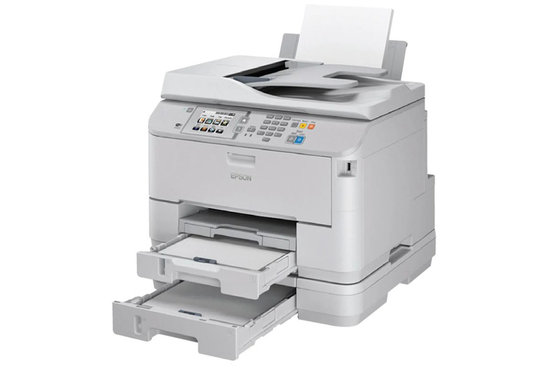 The rear tray accepts up to 80 sheets of plain paper; the front cassette 250 sheets. If that isn't enough, you can add an optional 250-sheet cassette.