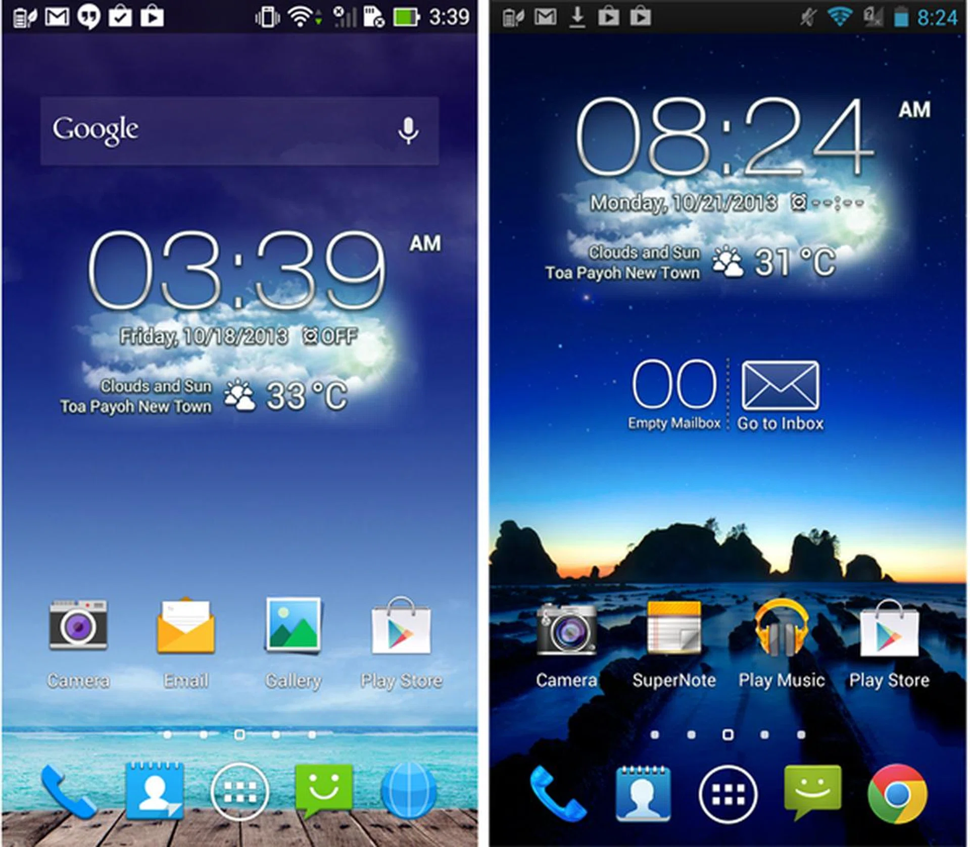 New PadFone Infinity OS on the left with flatter, simplified icons.