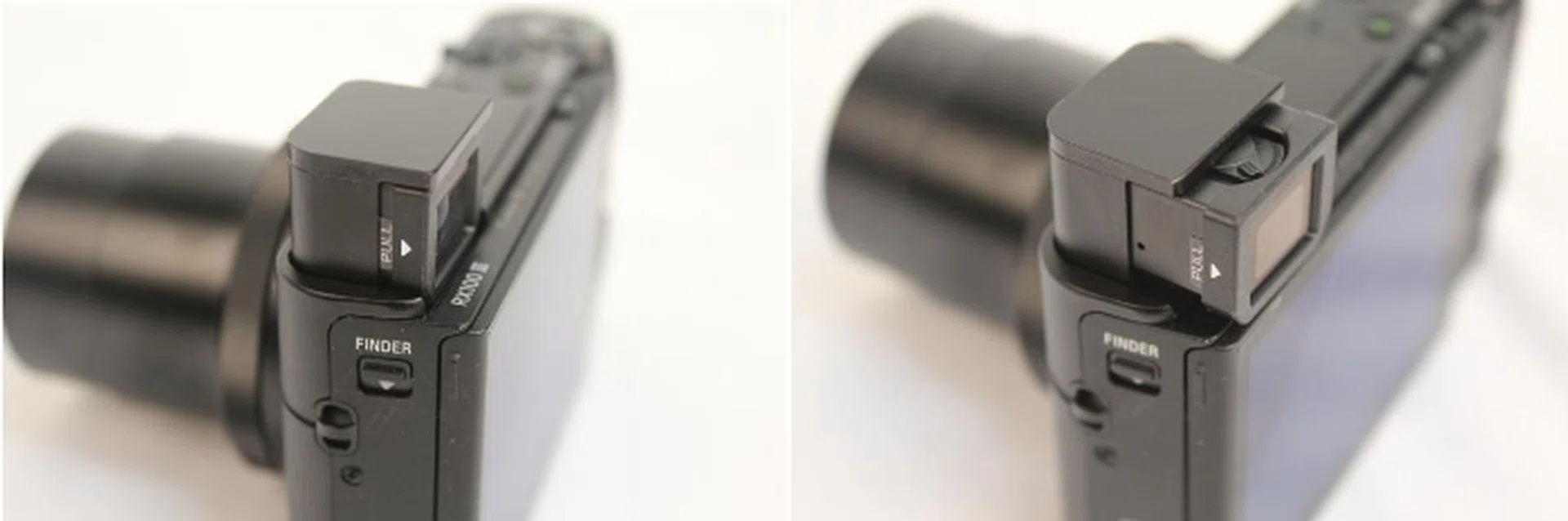 Things won't be in focus if you don't extend the EVF (left). The EVF is fully functional only after extending it, after which you get access to the diopter as well (right).
