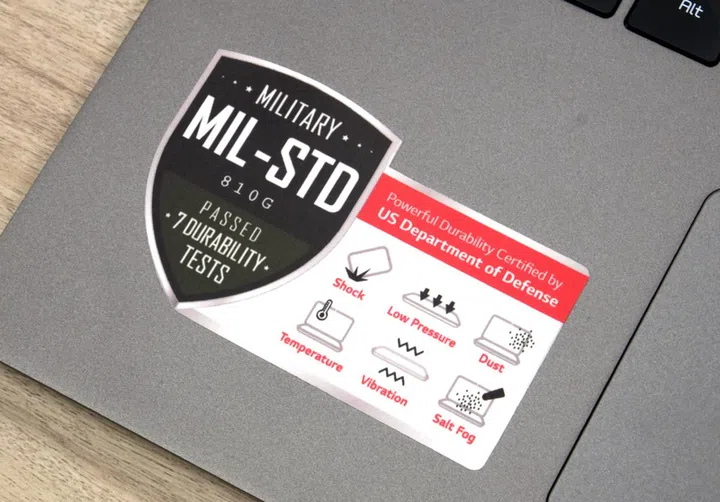 A certification sticker on the gram 17 proclaiming its ruggedness.