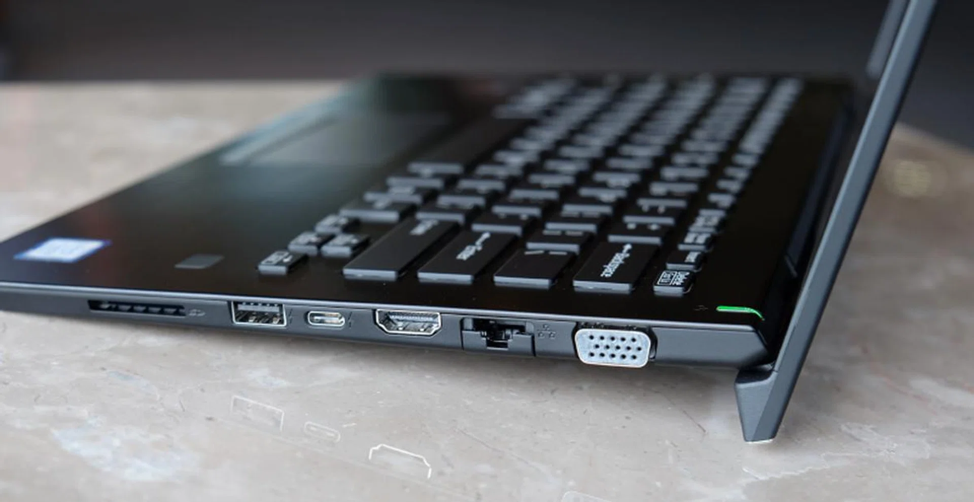 The Japanese love their VGA ports. On top of that, there's a Gigabit Ethernet port, a HDMI port, a USB-C (USB 3.1 Gen 1) port, a USB-A (USB 3.0) port, and a full sized SD card reader!