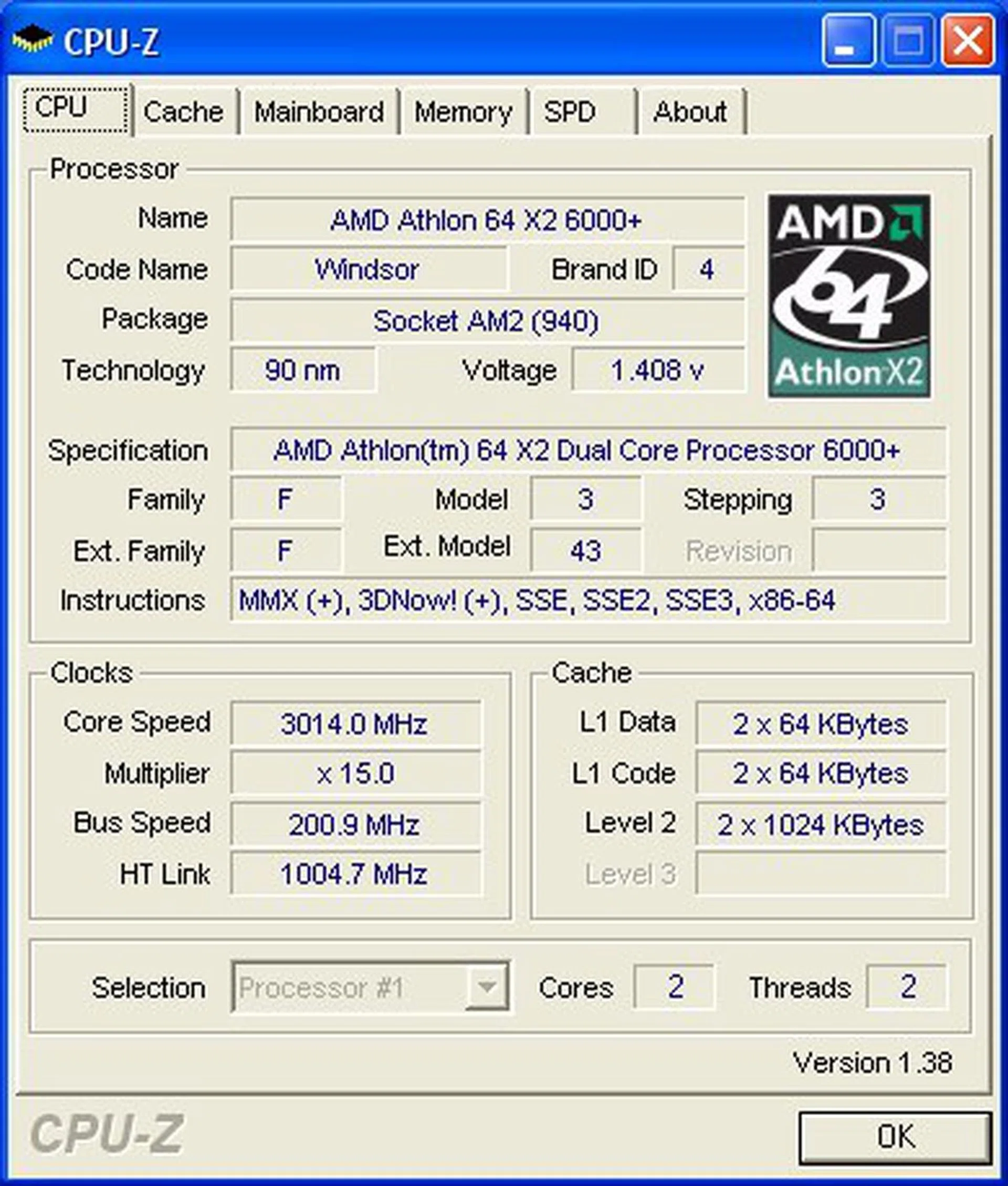 The CPU-Z screenshot of the Athlon 64 X2 6000+ processor.