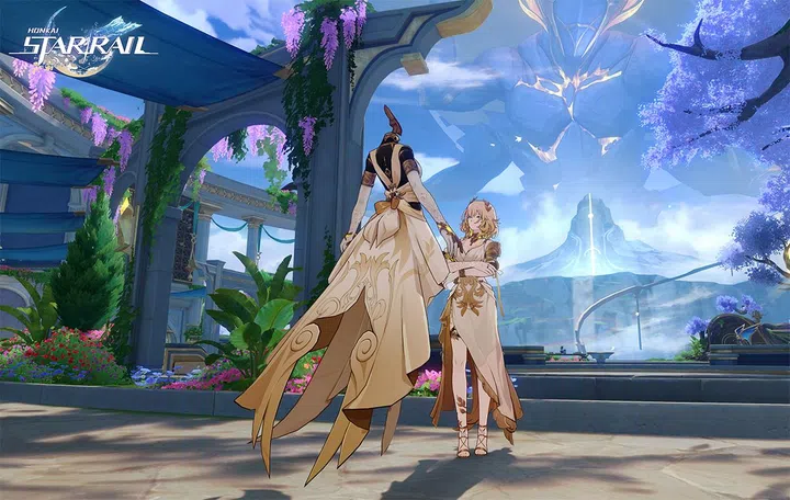 The city of Okhema, with this version's new limited banner character Aglaea.  (Image source: HoYoverse)