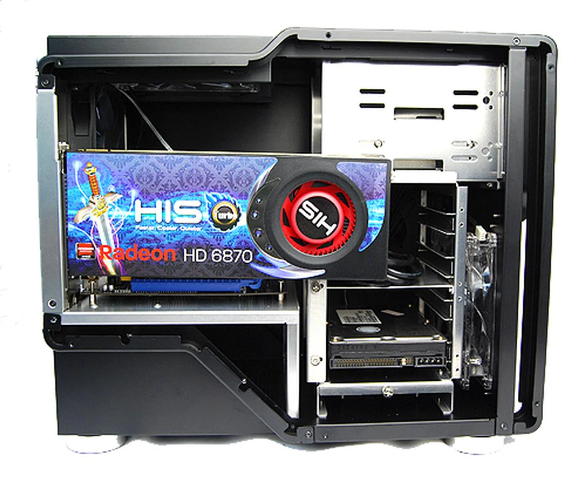 With a Radeon HD 6870 installed, there's plenty of space left, but the fact is, the HDD drive cage needs to be further recessed so that cards with backplates can fit more easily. Right now, it's too tight a fit.