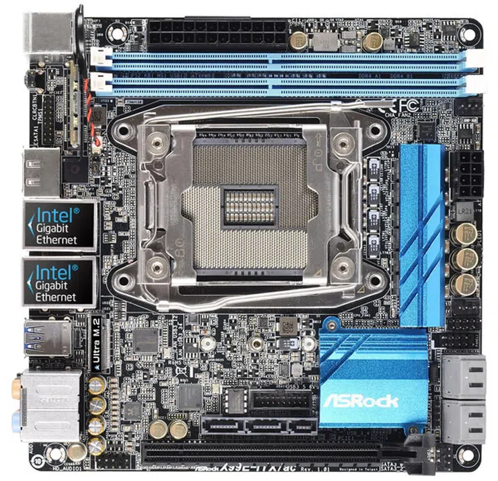 The ASRock X99E-ITX/ac features a single PCIe 3.0 x16 slot at the board's bottom edge. (Image Source: ASRock)