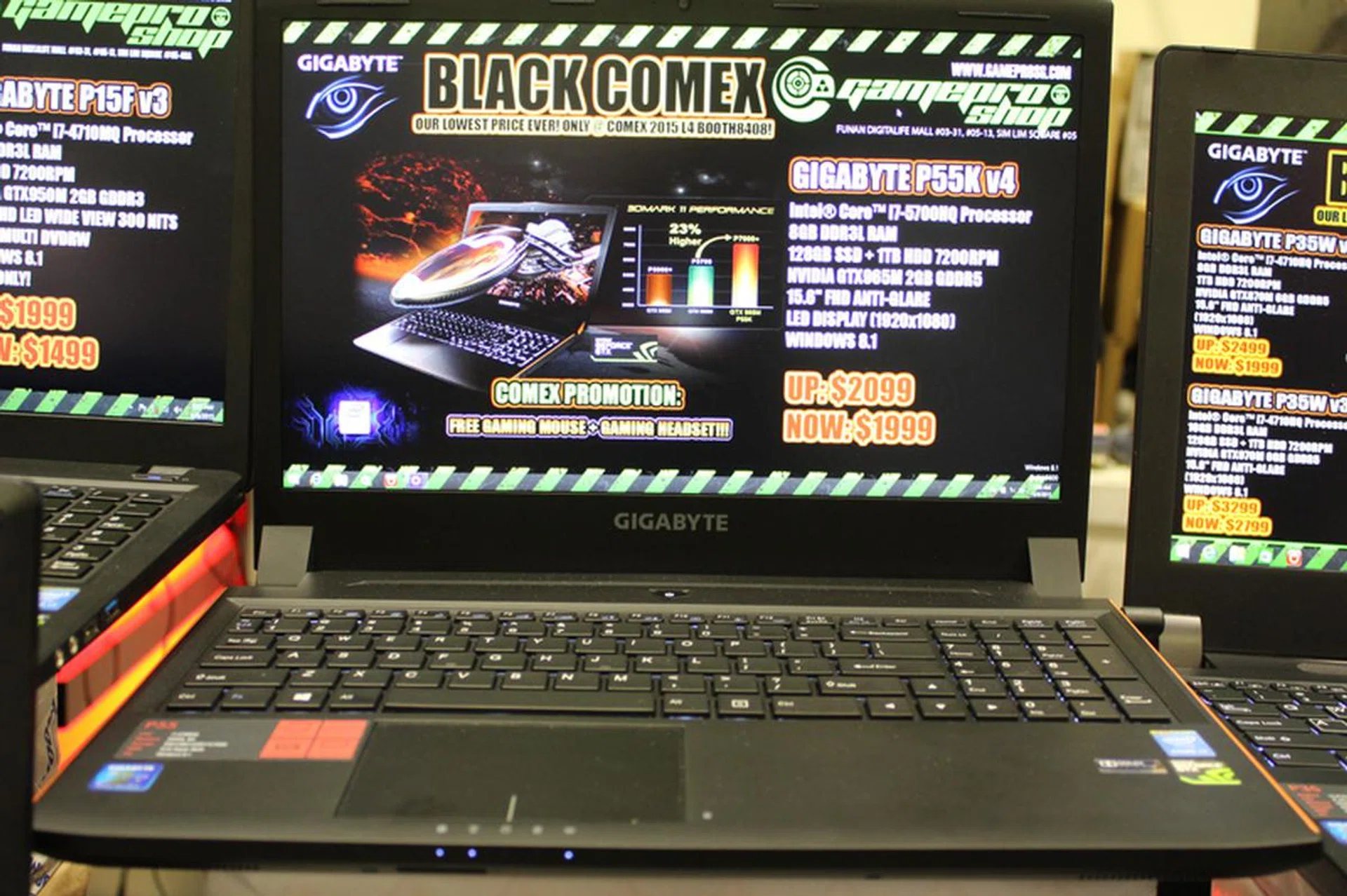 If you're looking for a 15.6-inch gaming notebook with a 1080p display, the Gigabyte P55K V4 fits the bill. It uses an Intel Core i7-5700HQ (2.7GHz, 6MB L3 cache), NVIDIA GeForce GTX 965M (2GB VRAM), 8GB DDR3L RAM and 128GB SSD + 1TB HDD for storage. It comes with Windows 8.1 installed and costs $1,999. (U.P.$2,099)