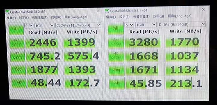 Plextor demonstrated to us the speeds of their new MP8e drive. On the left are results of a 512GB MP8e, while on the right are numbers from the 1TB variant.