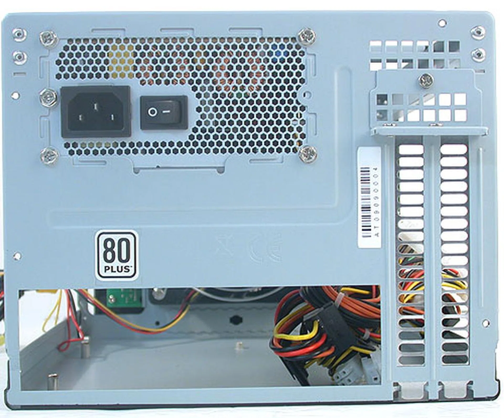 The rear of the chassis shows the two expansion slots available and advertises the 80 PLUS certification for the included power supply. 