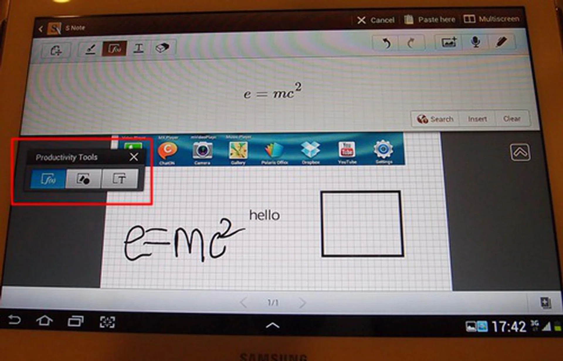 Select from three unique Productivity Tools (as seen on the floating toolbox) - Formula Match, Shape Match and Text Recognition. Formula Match identifies the formula you have written down on your tablet and allows you to search it on the web. Shape Match automatically converts your ugly hand-drawn geometric shapes into accurate digital representations. Lastly, the Text Recognition digitizes your handwritten text.  