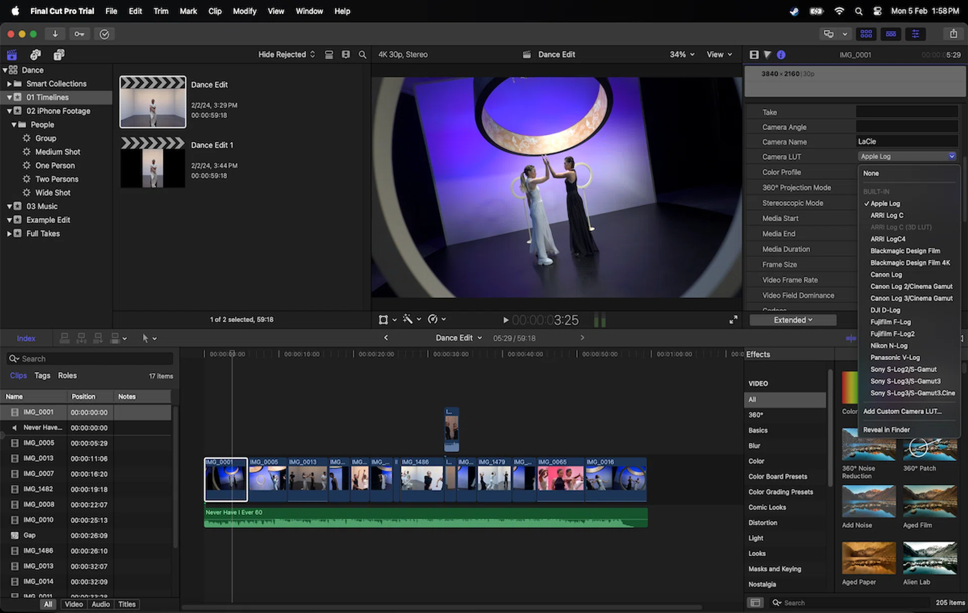 Log options in Final Cut Pro.