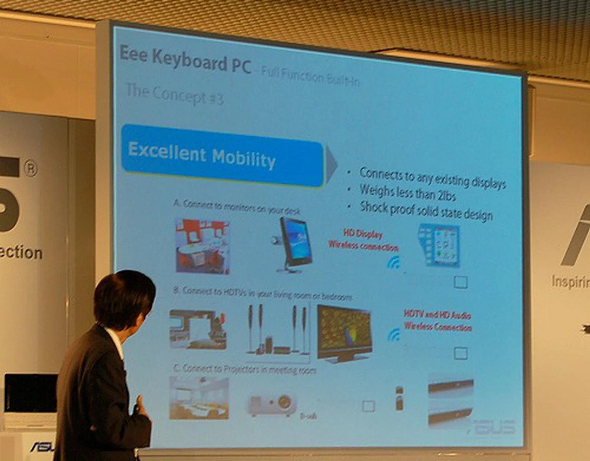 While you would think what purpose would a keyboard PC with a tiny screen serve, he explained that this the Eee Keyboard PC would make for an excellent media center extender. Think about it - why do you want to get a separate a wireless keyboard set for HTPC needs and an MCE device when you can have it all in one unit on the keyboard and let it be your ultimate media controller. This will be a handy device to interact with your home theatre equipment - provided that they are all wireless ready. This little gadget is using wireless HDMI standard.