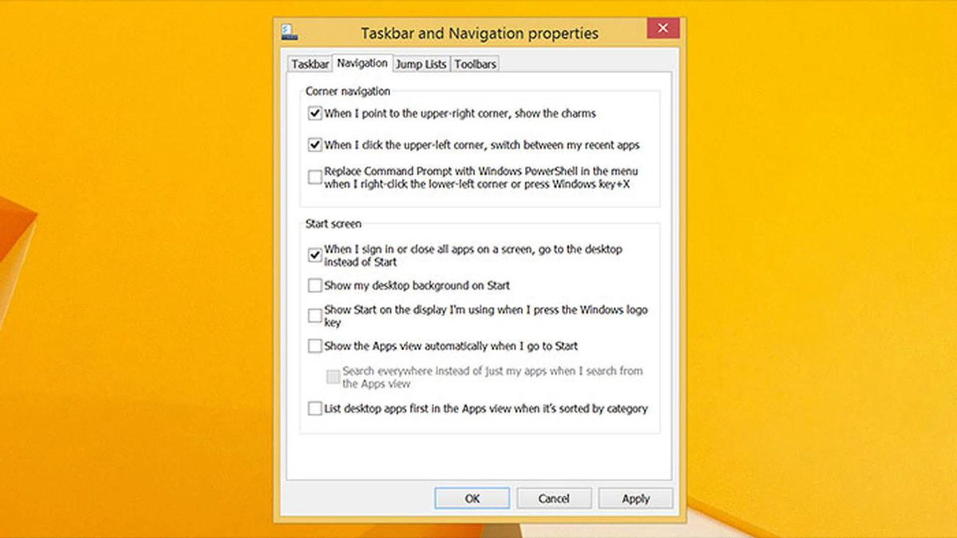 Checking this option also means you return to the desktop (instead of the Start screen) when you close all apps.