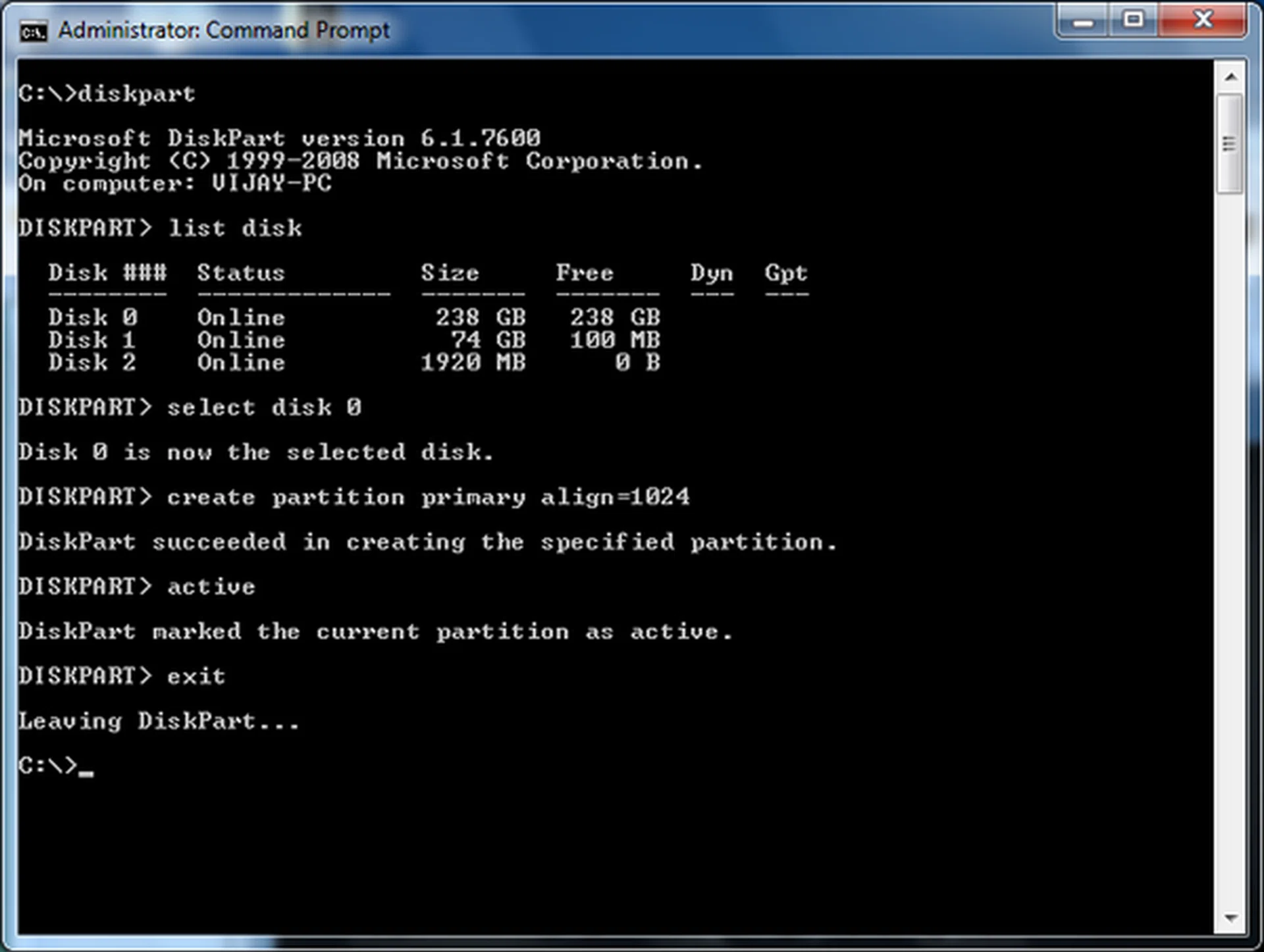 When you are completed, the command prompt screen should look like this.