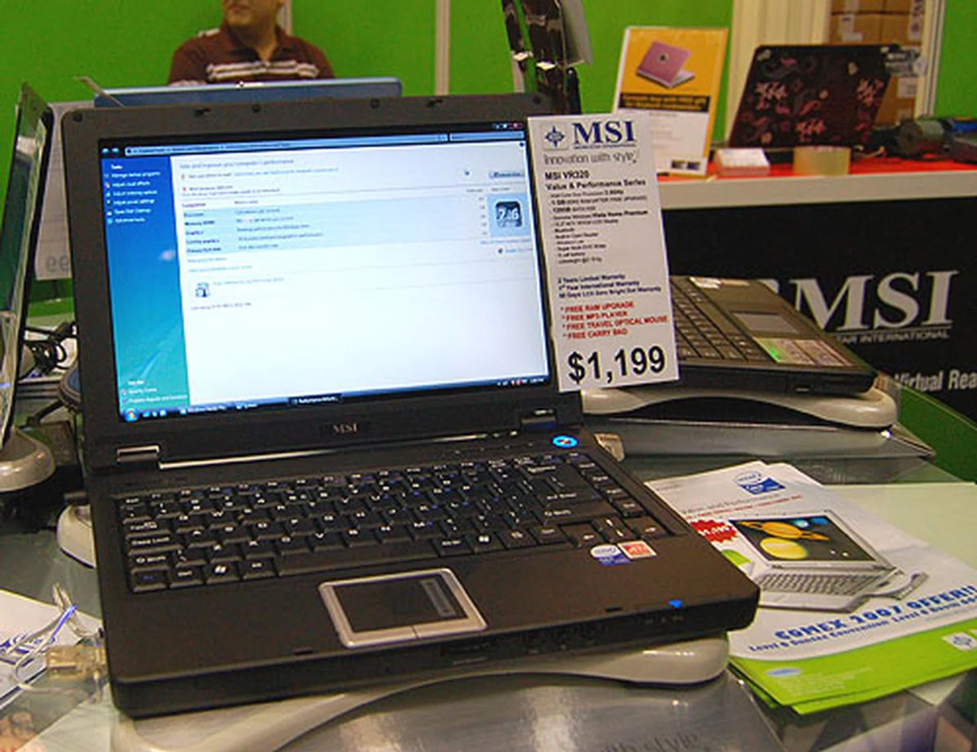  Available in black or silver, the 13.3-inch MSI VR320 is an entry level notebook that manages to include a Core Duo processor (2.0GHz) and 1GB of DDR2 RAM. There's even Windows Vista Home Premium pre-installed on its 120GB hard drive. MSI provides one year of international warranty and a 60 day zero bright dot policy for its LCD display. Freebies include a free MP3 player, carrier and a travel mouse. All that for $1199.  