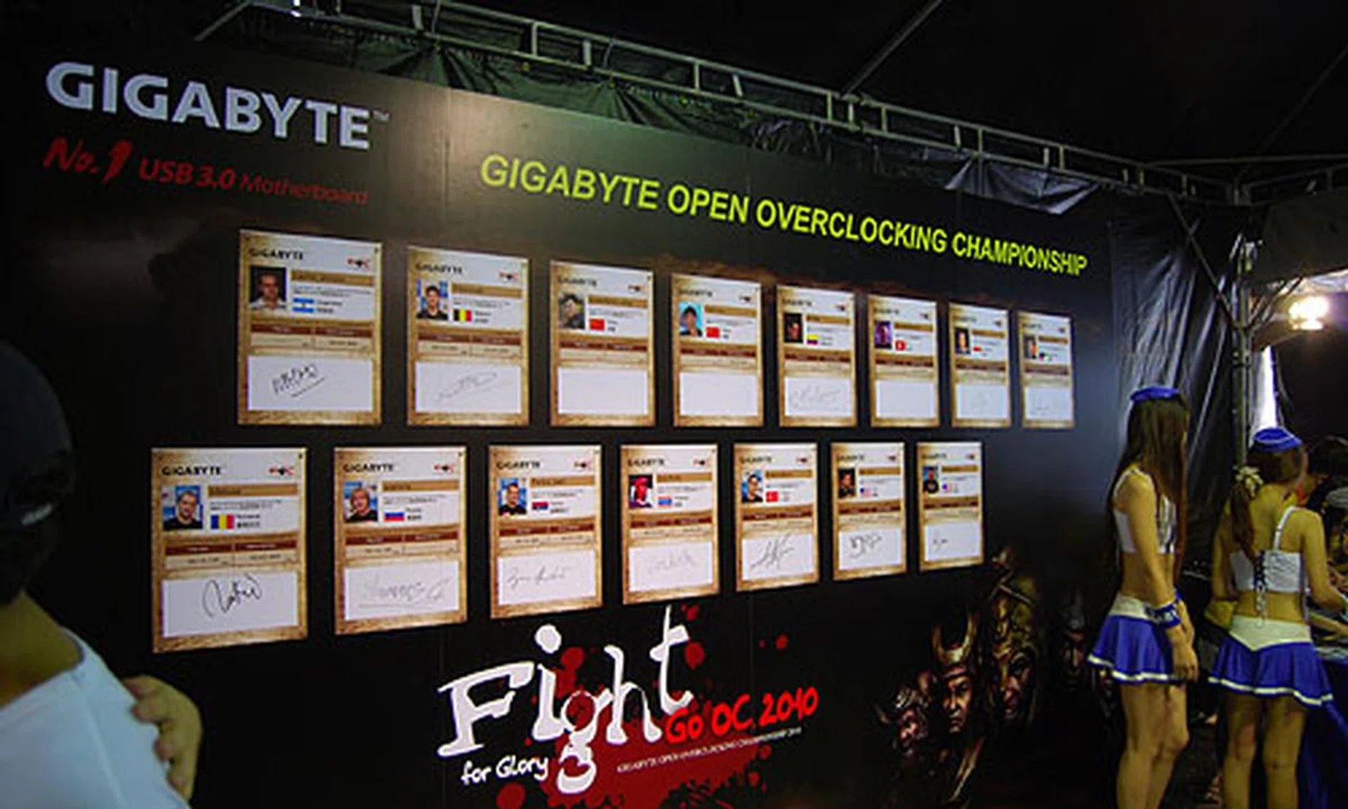 The 'wall of fame' with their vital stats for the 15 competitors. 