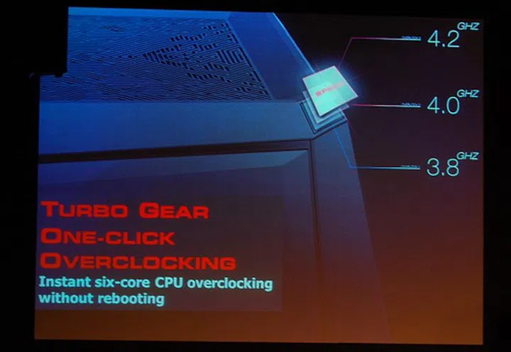 The top corner of the system has aTurbo Gear button to overclock the system in a jiffy and engages the 'beast' mode to pop the casing panels open and show off the cooling vents and fans for a more direct air intake.