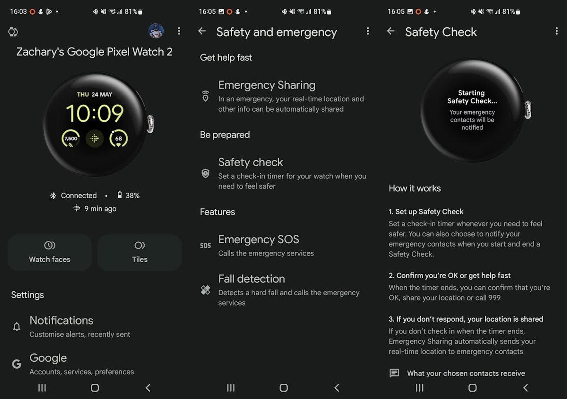 Some new software safety features that can be setup in the Pixel Watch app.