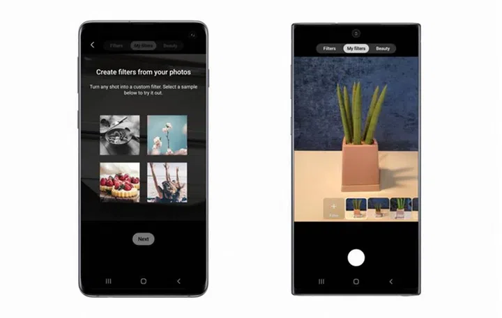 Custom Filter introduction on the Galaxy S10 (left), How Custom Filter is used on the Galaxy Note10 (right).