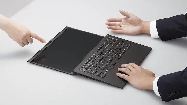 The Vaio Z's screen lying horizontally flat on the table.
