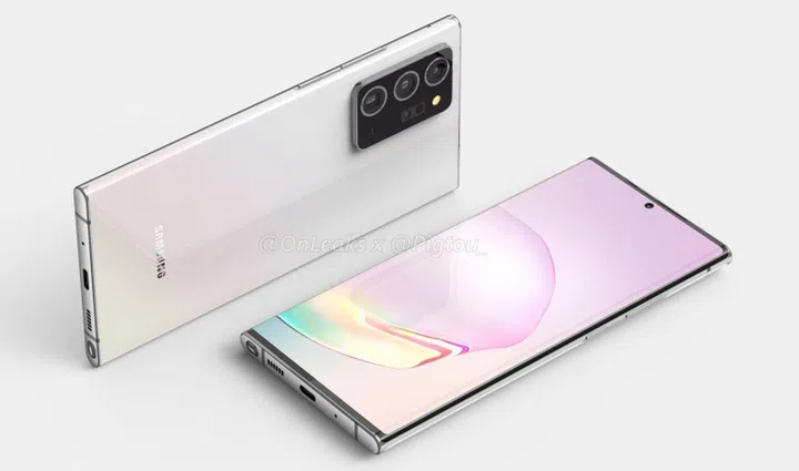 Purported render of the Samsung Galaxy Note20. <br>Image source: @OnLeaks and Pigtou.