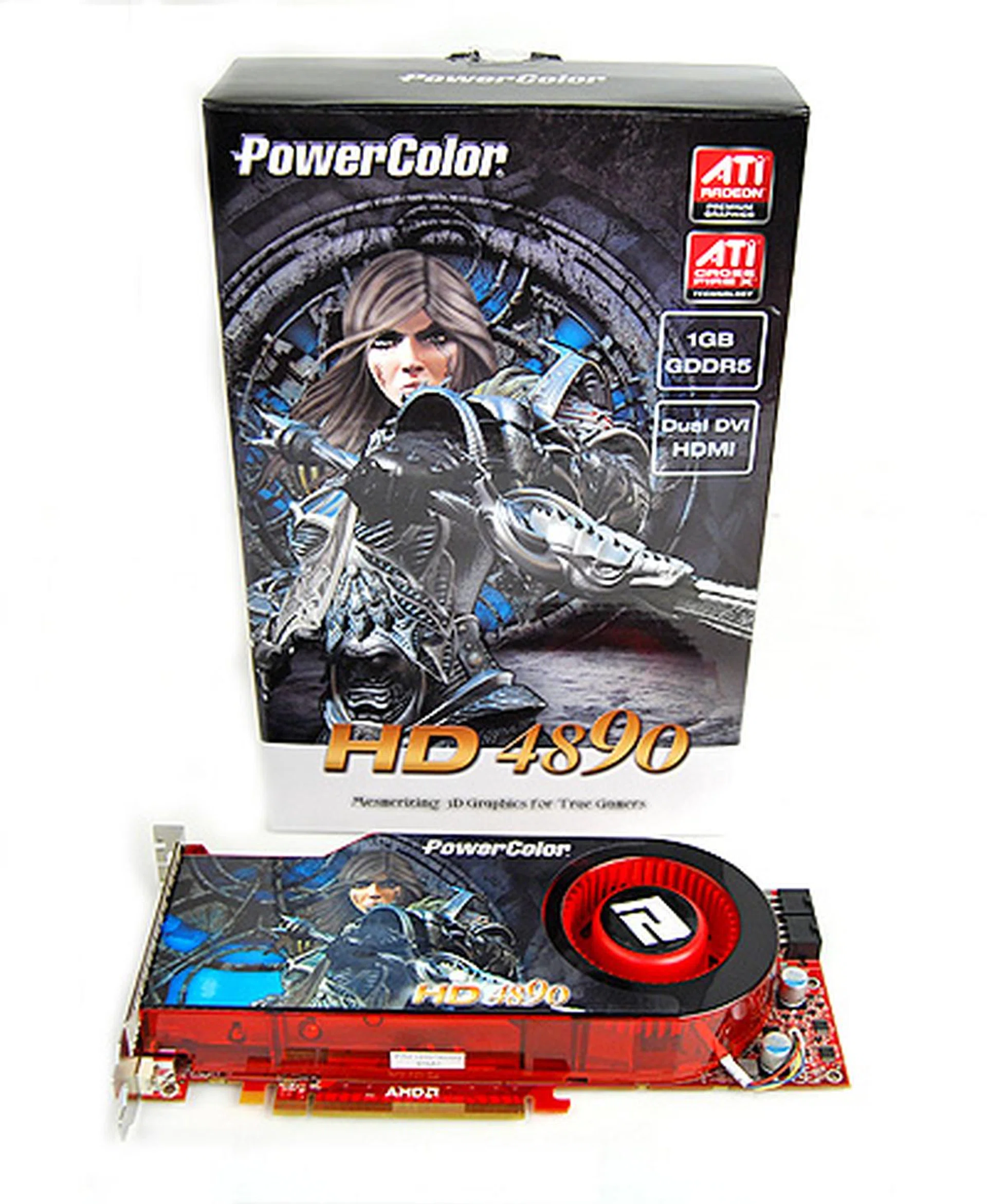 The PowerColor HD 4890's package is more conservative. Fronting the box is PowerColor's warrior babe, who seems to be looking angrier with each subsequent release.