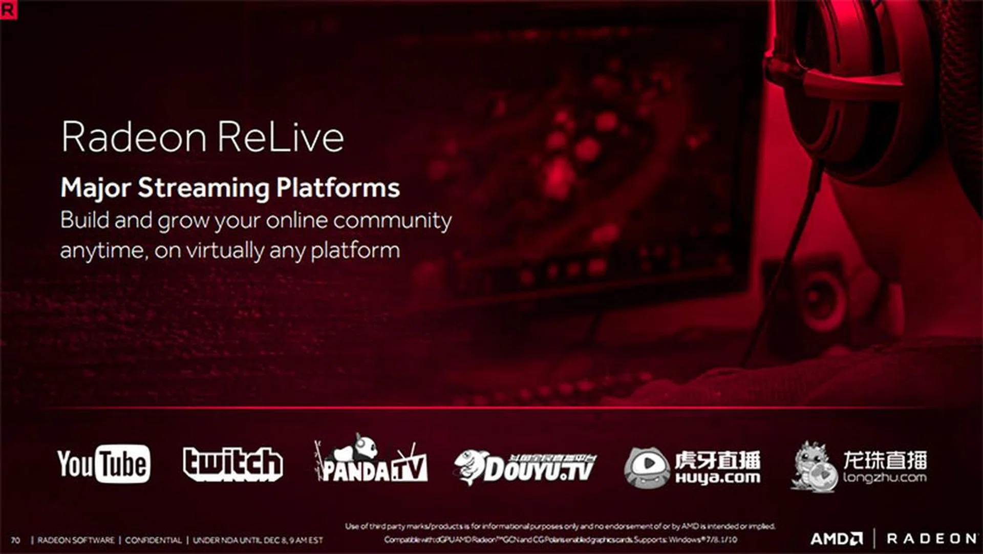 Radeon ReLive supports multiple major streaming platforms.