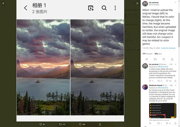 Edited copies that have had the image's metadata scrubbed or cleaned out have no effect on Android devices. Source: @UniverseIce on Twitter.