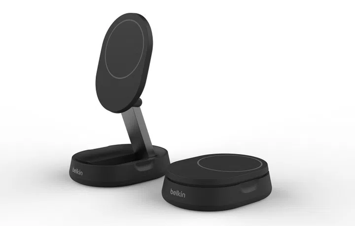 The Belkin BoostCharge Convertible Qi2 wireless pad to stand.