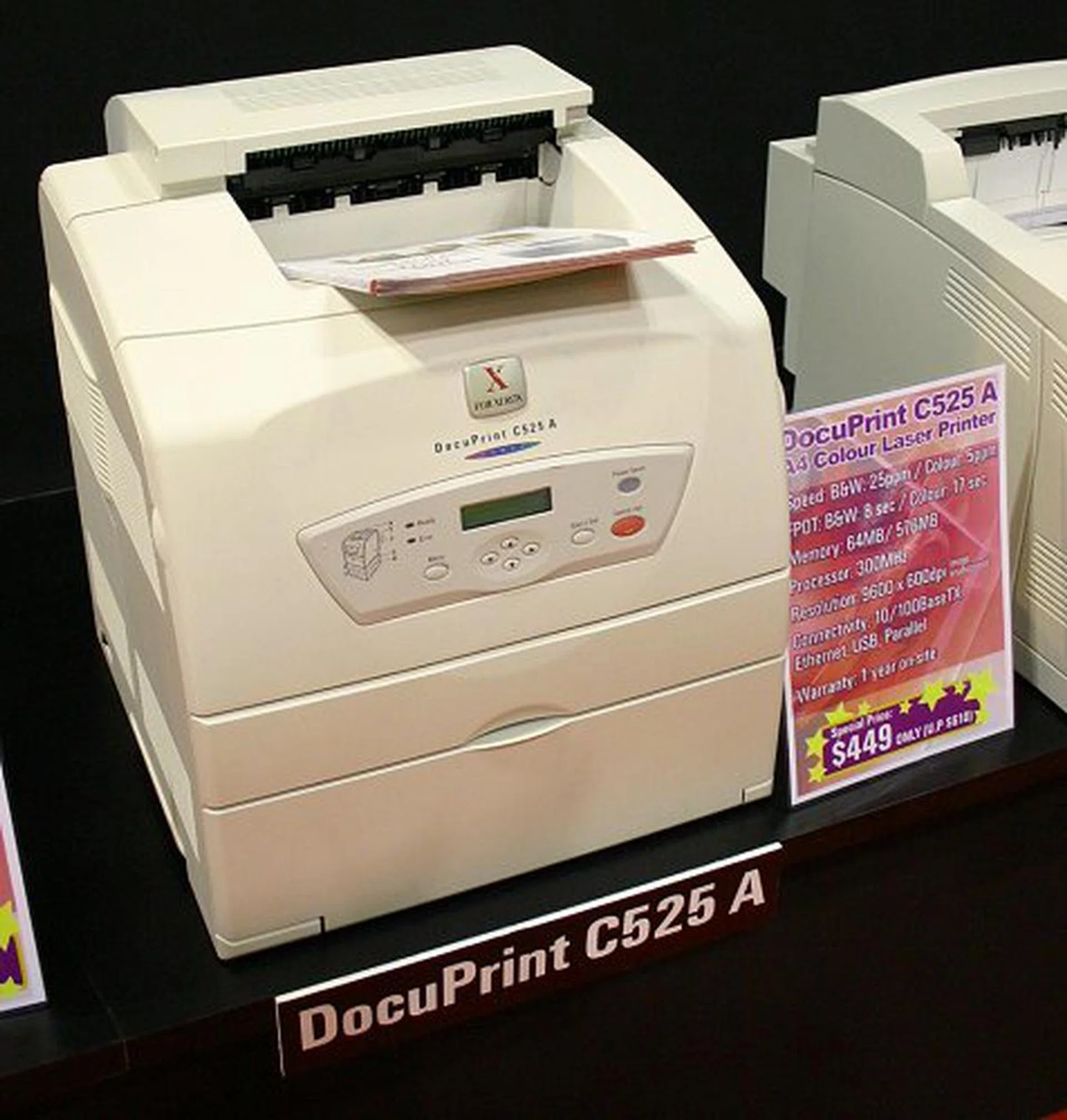  Departments that do not need copying and scanning can save money by going with the DocuPrint C525 A that's down from a usual price of $610 to $449. This A4 color laser printer serves up 25ppm and 5ppm for black and color print jobs respectively. It comes with a 300MHz processor, 1-year on-site warranty and a maximum print resolution of 9.600 by 600 dpi.  