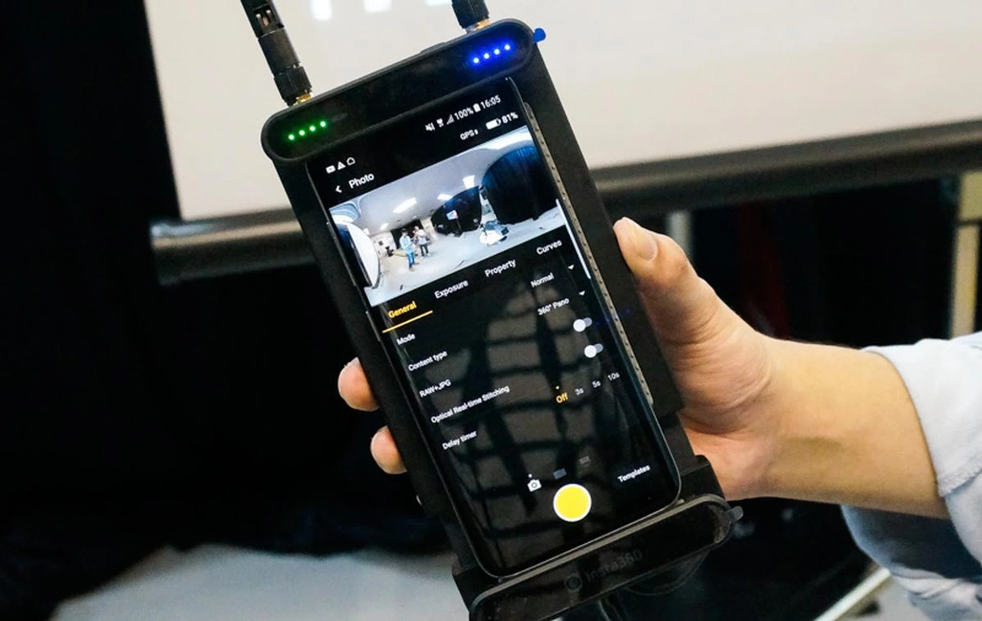 You can adjust camera settings and capture videos or stills from the app. 