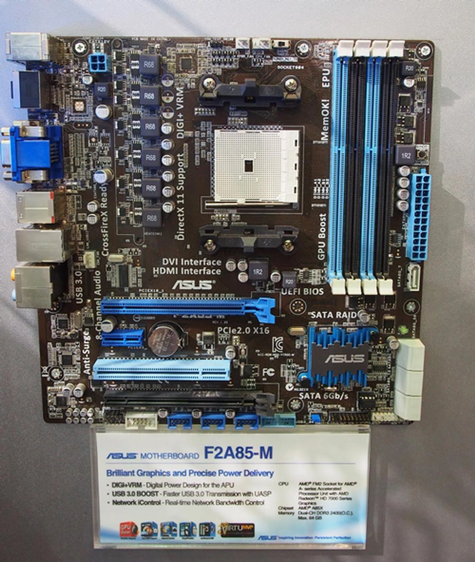 The ASUS F2A85-M sports two PCIe x16 slots and seven SATA 6Gbps connectors. Six of them are faced front while one is top-facing connector.