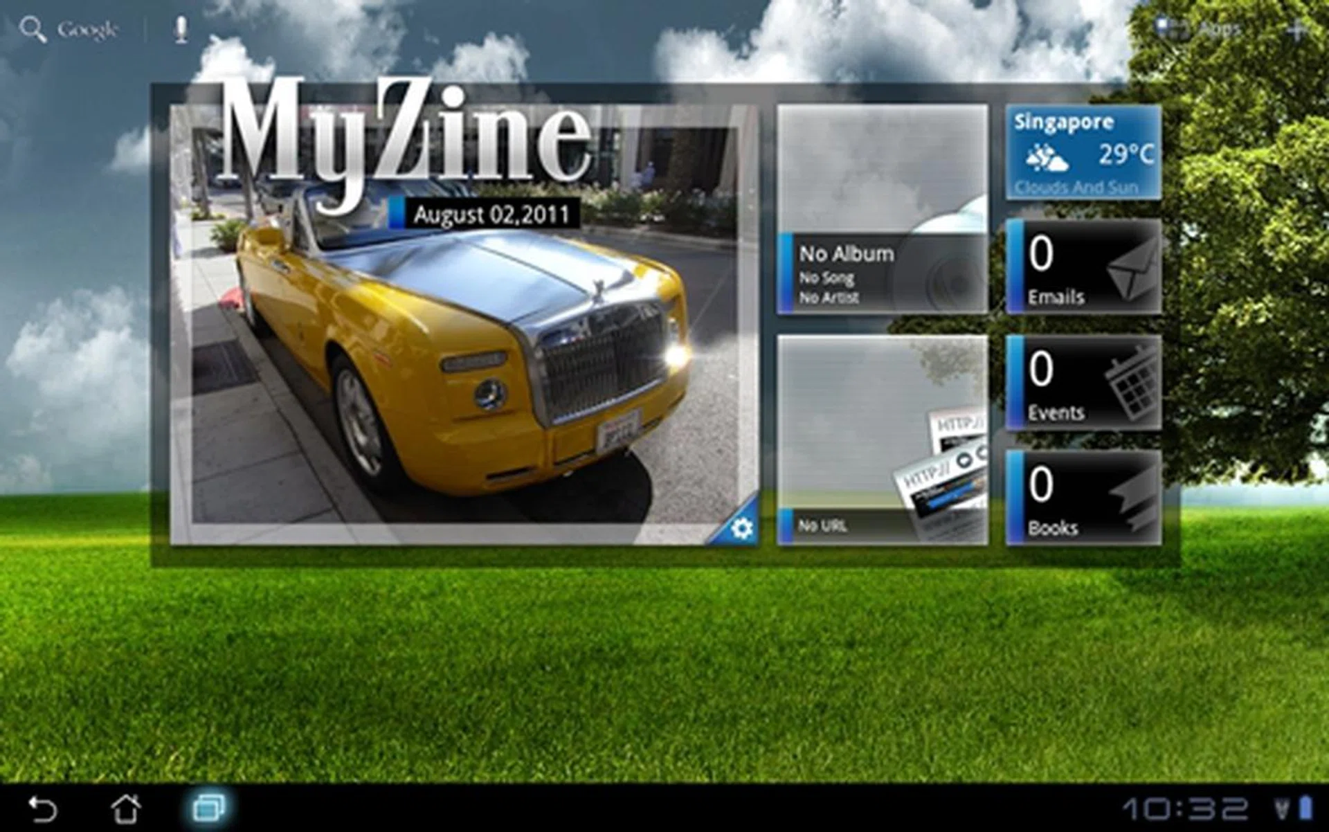 Shown here is the MyZine widget, which gives you one touch access to many functions such as weather information, emails and music player.