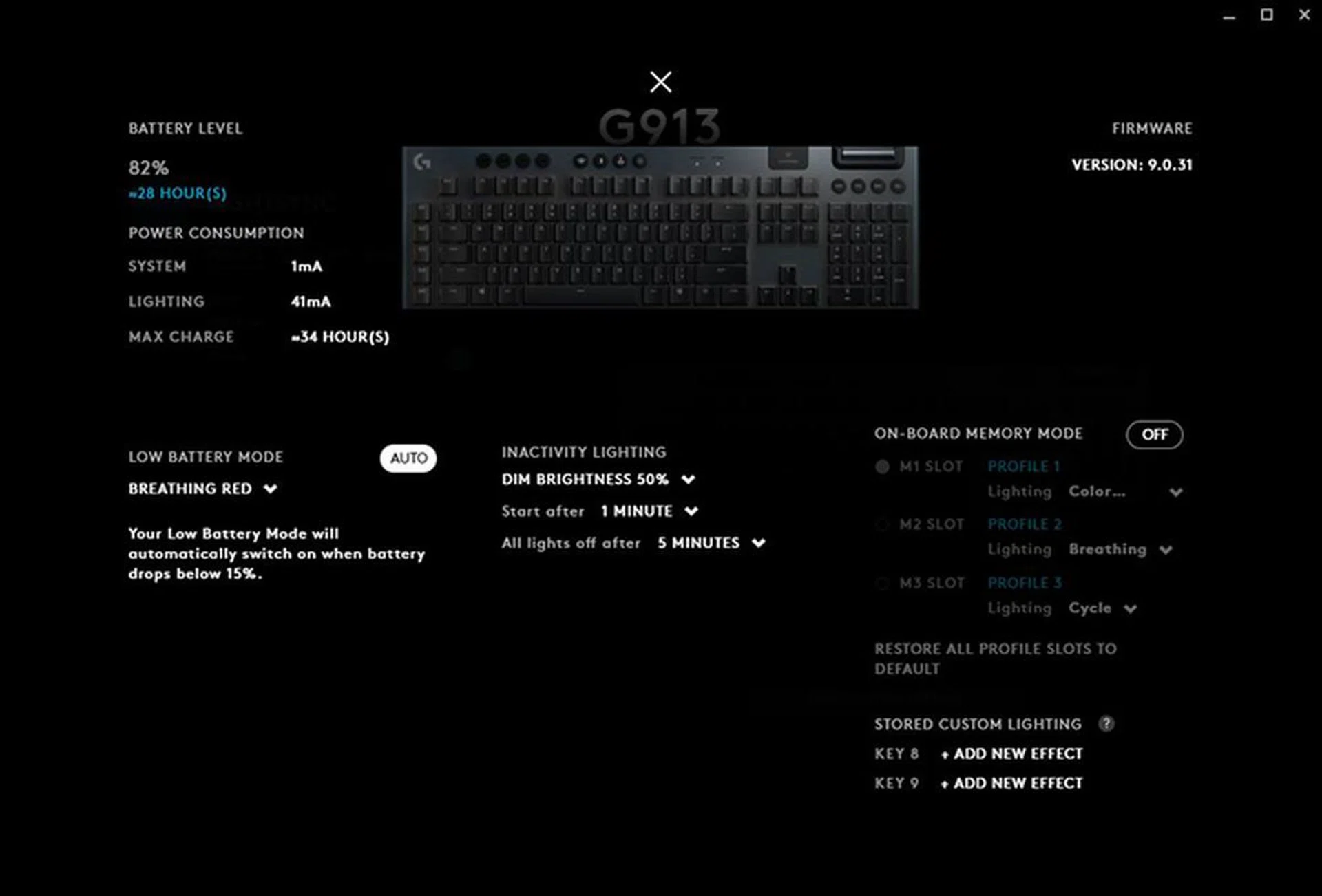 G Hub lets you check the impact on battery life that the different lighting effects have.