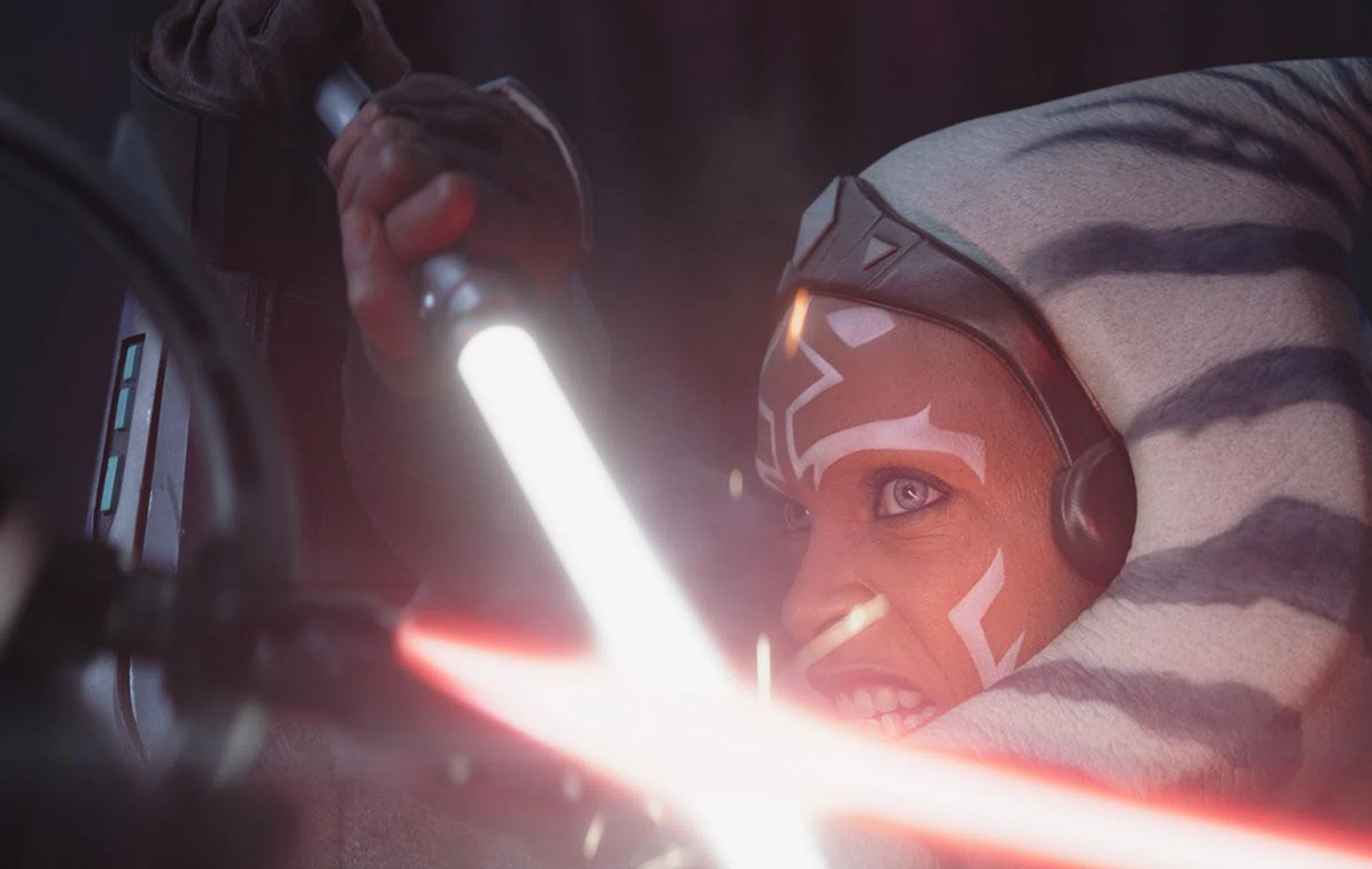 Ahsoka crosses blades with masked baddie Marrok. (Image Source: Disney+)