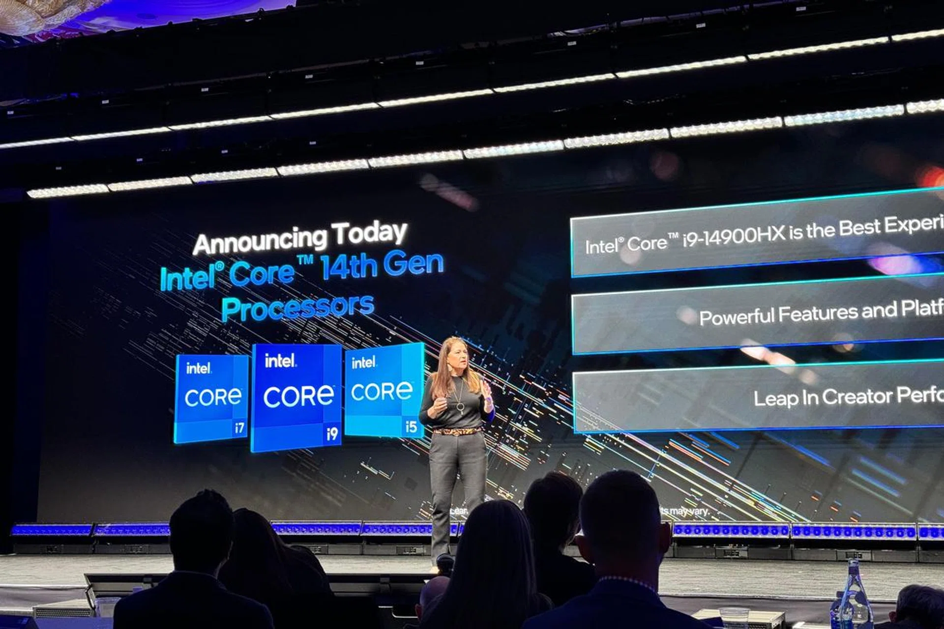 Michelle Johnston Holthaus, Intel's Executive Vice President and General Manager of the Client Computing Group, giving her keynote at the Intel event.
