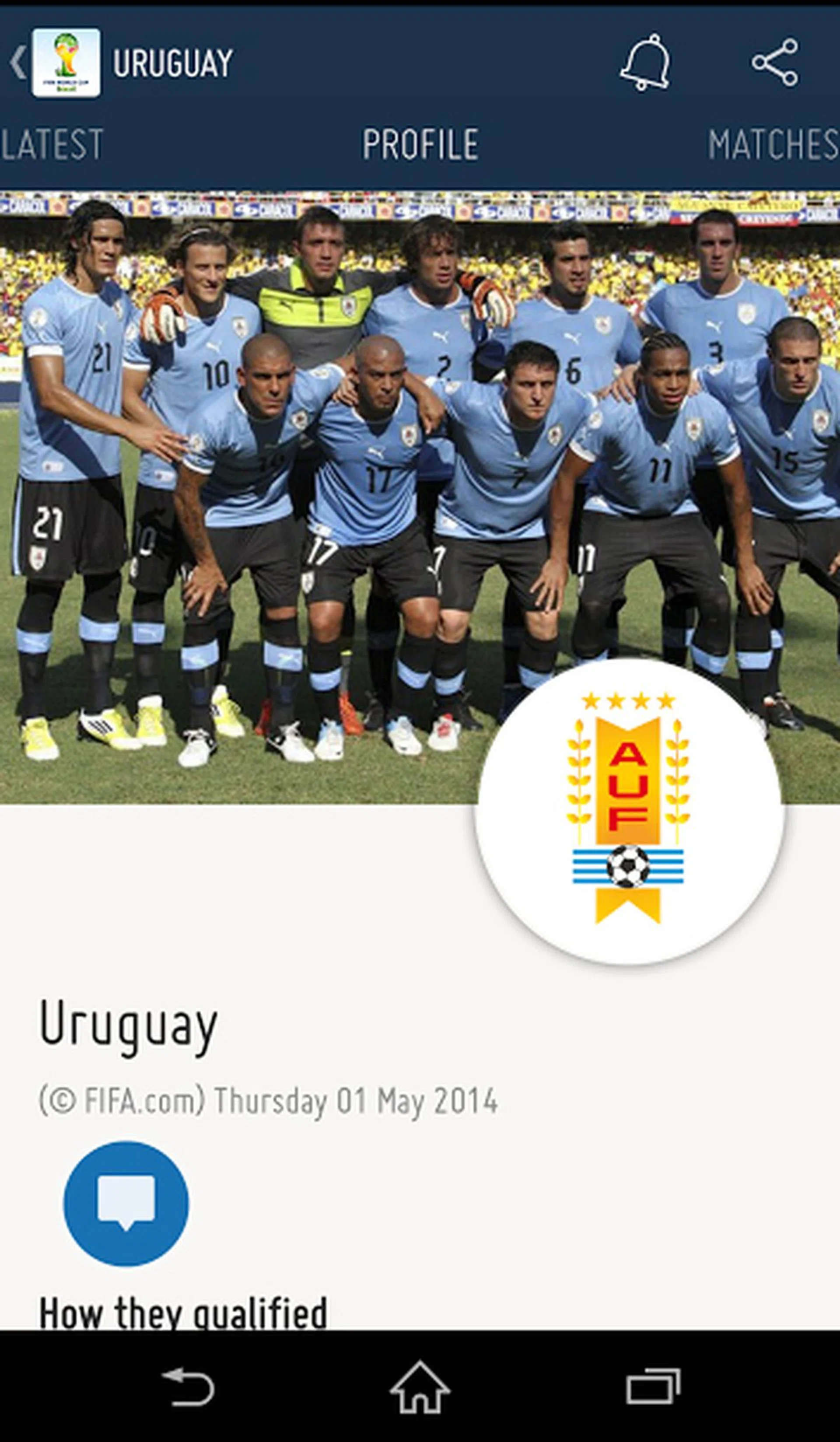 Choose a team (Uruguay in this case) and you'll have access to all related information. Simply swipe from right to left to navigate the tabs.