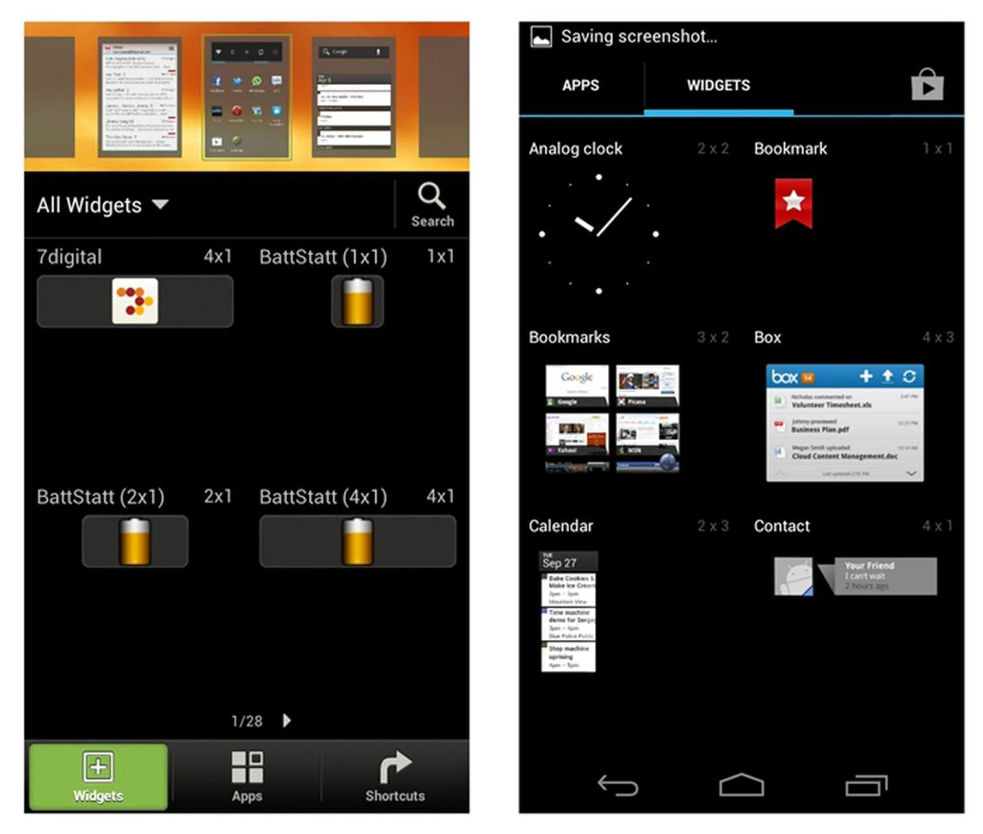 Just press and hold on any home screen to add apps, widgets or shortcuts for Sense 4.0 (left). This is slightly different for the stock Android 4.0 UI, whic requires you to access the Apps Launcher (right). We prefer HTC's method over the stock Android 4.0 for its convenience to add multiple items to any of the seven home screens.