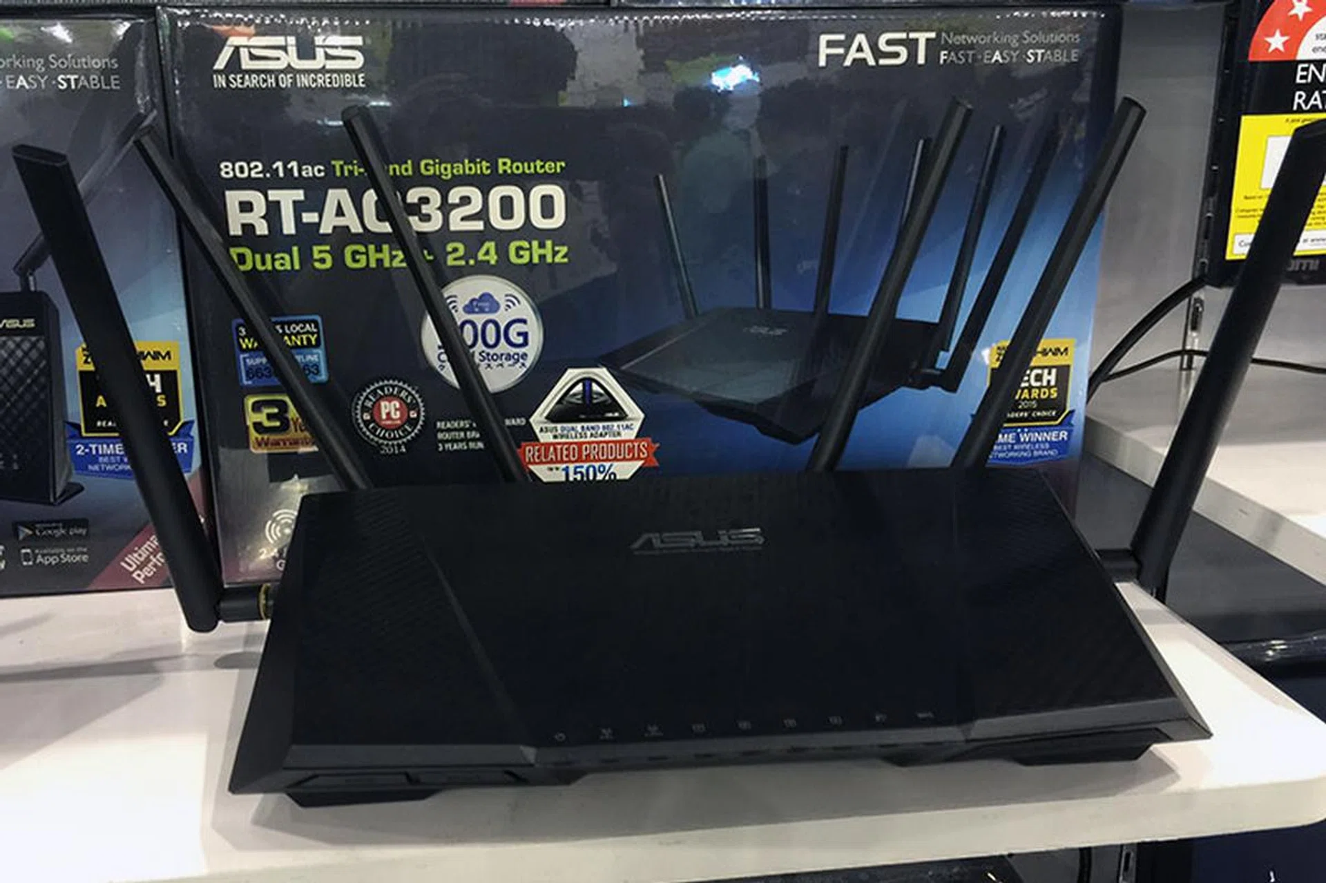 The RT-AC3200 tri-band router is going for $409 at PC Show (U.P: $429). It has built-in USB 2.0 and 3.0 ports, and with ASUS AiCloud 2.0, you can get to your files anywhere. If you buy this at the PC Show, you also get a free ASUS Cerberus gaming headset and McAfee Internet Security.