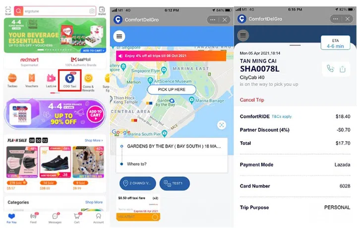 From Left to Right: Select the ComfortDelGro icon inside the Lazada app, and start booking. The interface is really similar to the actual ComfortDelGro app itself.